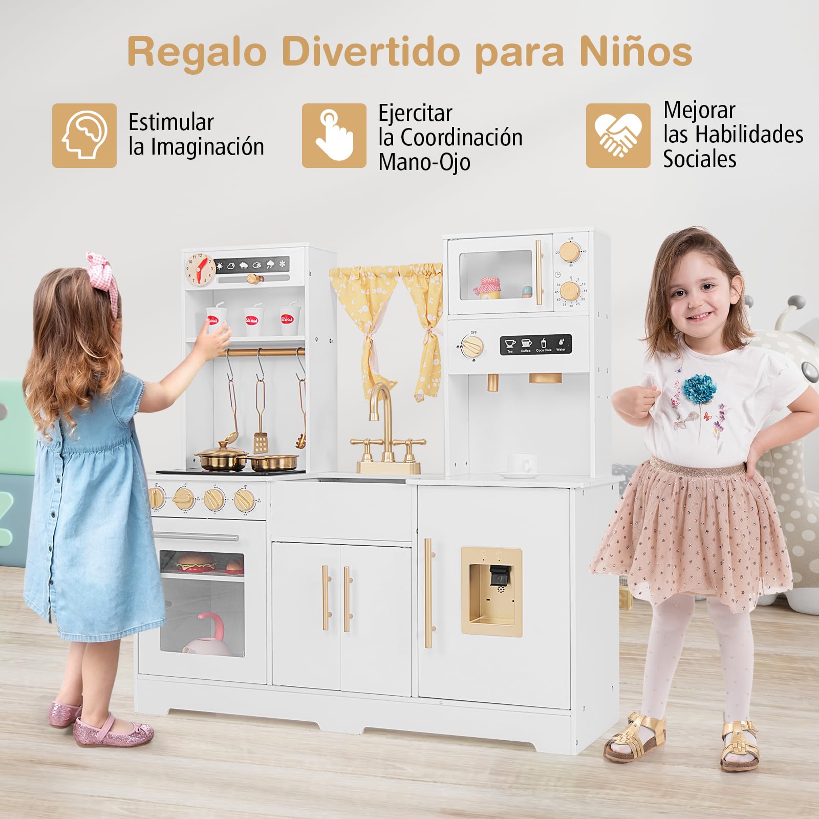 GOPLUS Juego de Cocina de Juguete, Cocina Juguete para Niños con Cafetera, Horno, Fregadero, Cortina, Microondas, Sonidos y Luces Reales, Cocinitas de Juguetes para Niños de 3+ Años (Blanco)