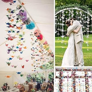 LotusMann 200pcs Rainbow Origami Paper Crane Garlands - 10 Premade Strings Hand-Folded Birds for Wedding Party Decor, Peace & Good Luck