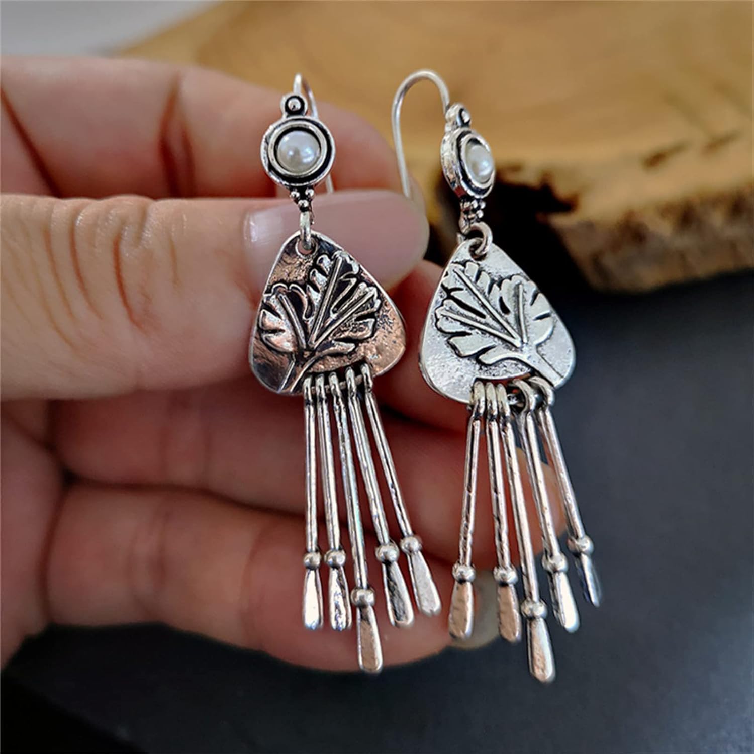 Long Handmade Tassel Earrings for Women Girls Personalized Antiqued Silver Vintage Bohemian Tree Leaf Pearl Dangle Drop Statement Earrings Boho Jewelry Gifts - Image 4