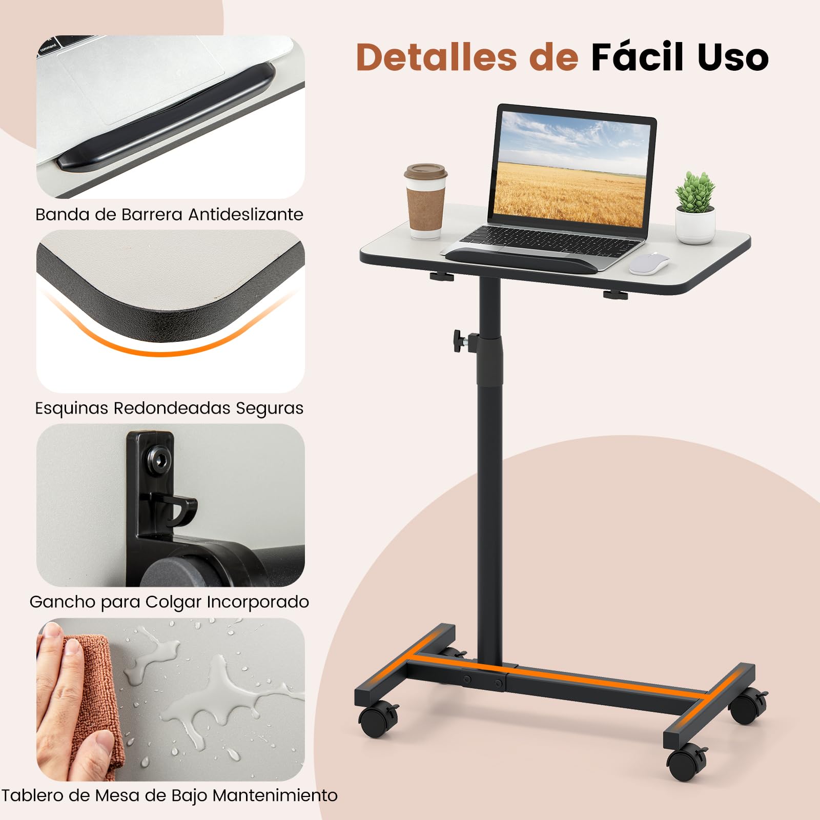 GYMAX Mesa Auxiliar en Forma de C, Mesa Lateral con Ruedas Bloqueables, Altura Ajustable, Encimera Inclinable y Giratoria de 360°, para Cama o Sofá, Sala de Estar, Dormitorio (Gris + Negro)