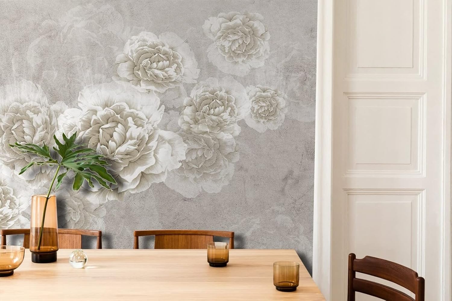 Abstract Flowers in White and Cream Tones Peel and Stick Wallpaper 100''H x 150''W