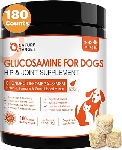 NATURE TARGET Glucosamina para perros - Suplemento de cadera y articulaciones para perros, 180 masticables crujientes, glucosamina condroitina,