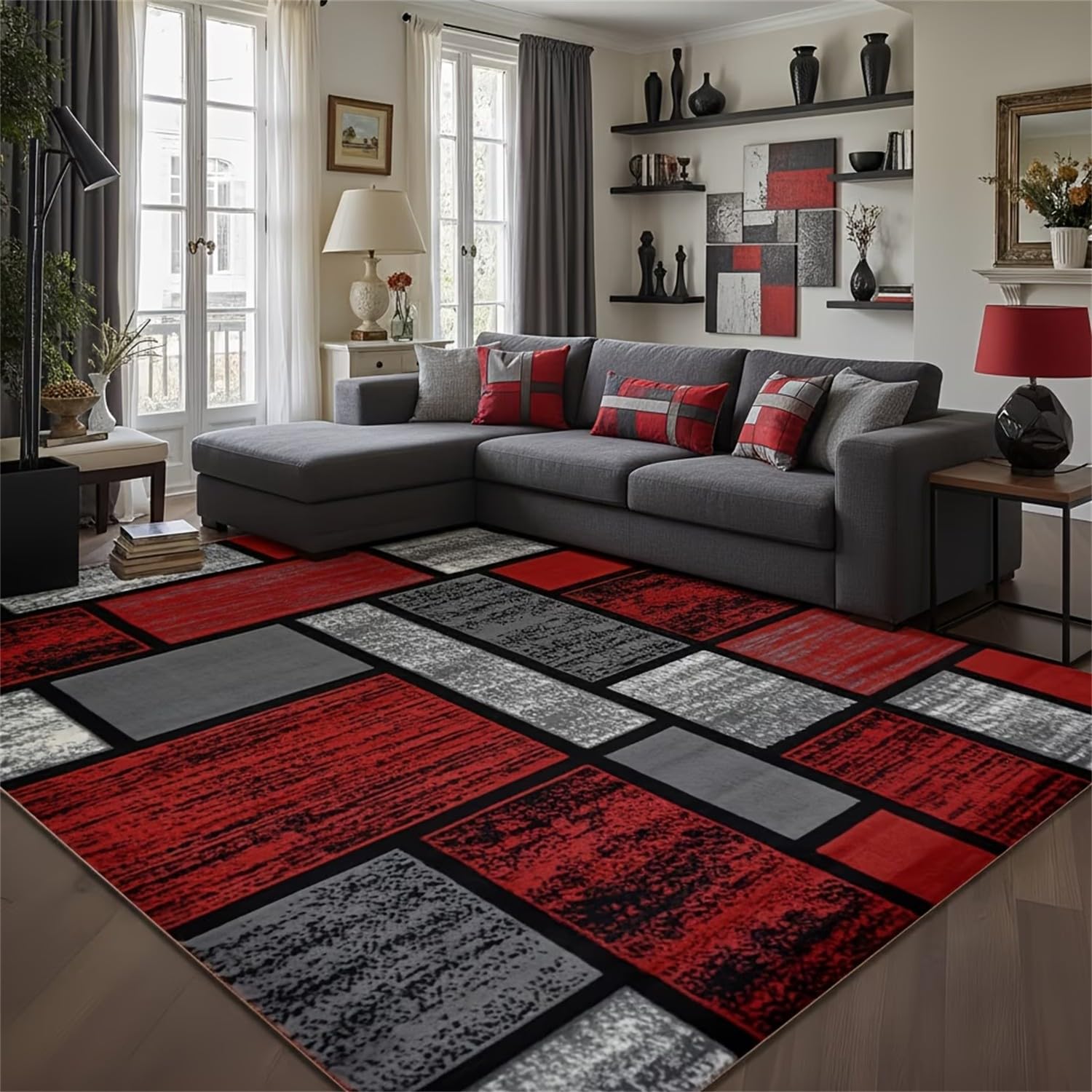 Kuluoits Beautiful Geometric Rug, 160x200cm Modern Abstract Red and Gray Plaid Texture Indoor Carpet, Soft, Low Pile, Non-Shedding Art Mat, Machine Washable Rugs for Living Room and Beside the Bed