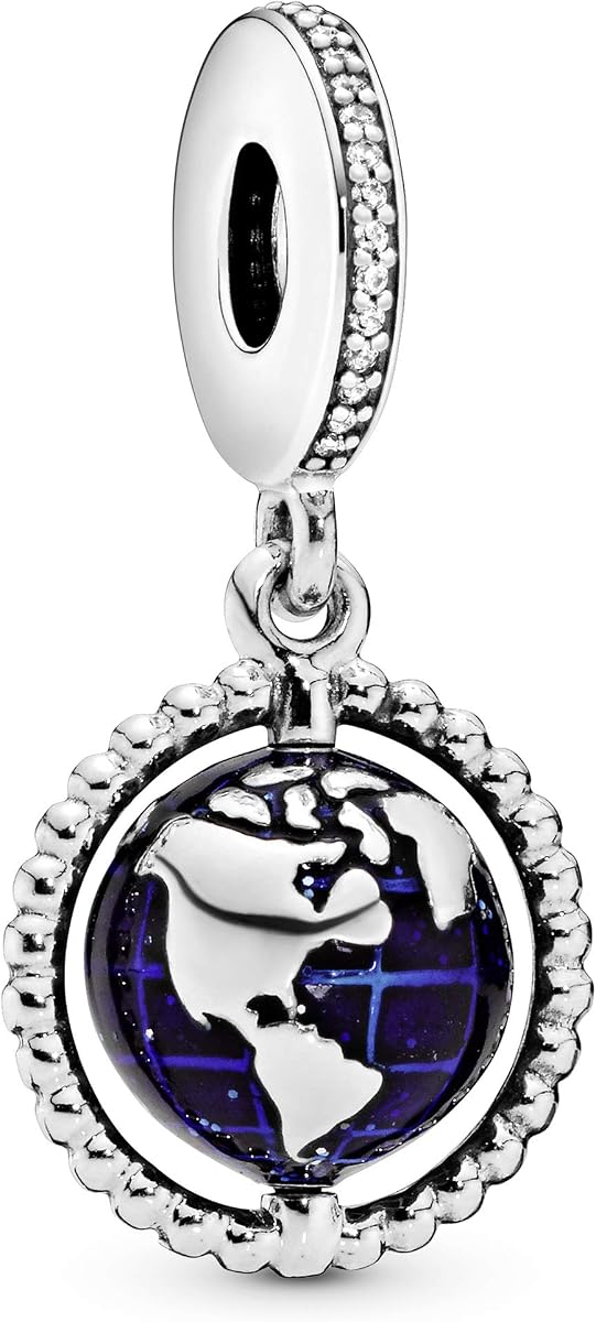 PANDORA Joyería Spinning Globe Dangle Cubic Zirconia Charm en plata de ley, sin caja
