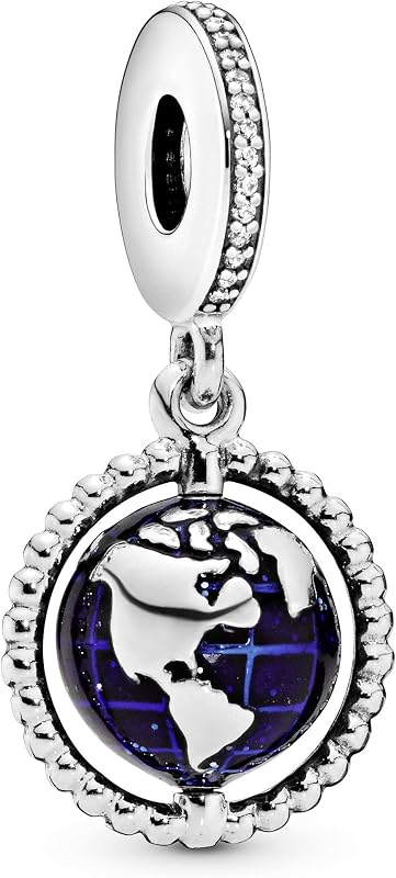 PANDORA Joyería Spinning Globe Dangle Cubic Zirconia Charm en plata de ley, sin caja