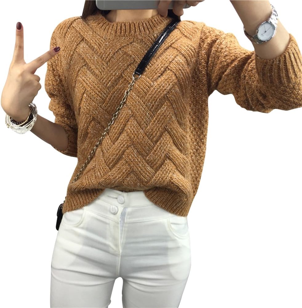 Qitun Women's Oversized Pinned Variegated Sweater Long Sleeved Short Knit Pullover