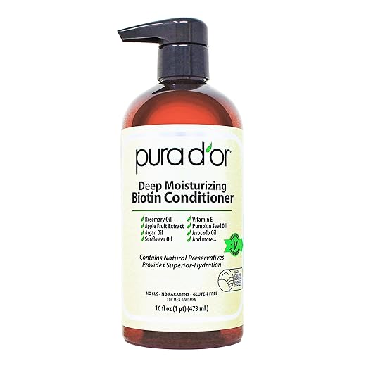 PURA D'OR Deep Moisturizing Biotin Conditioner Thickens, Softens, & Moisturizes Dry, Frizzy, Damaged Hair w/Argan Oil, Pumpkin, Rosemary, Honeysuckle, Vitamin E, Men & Women, 16oz