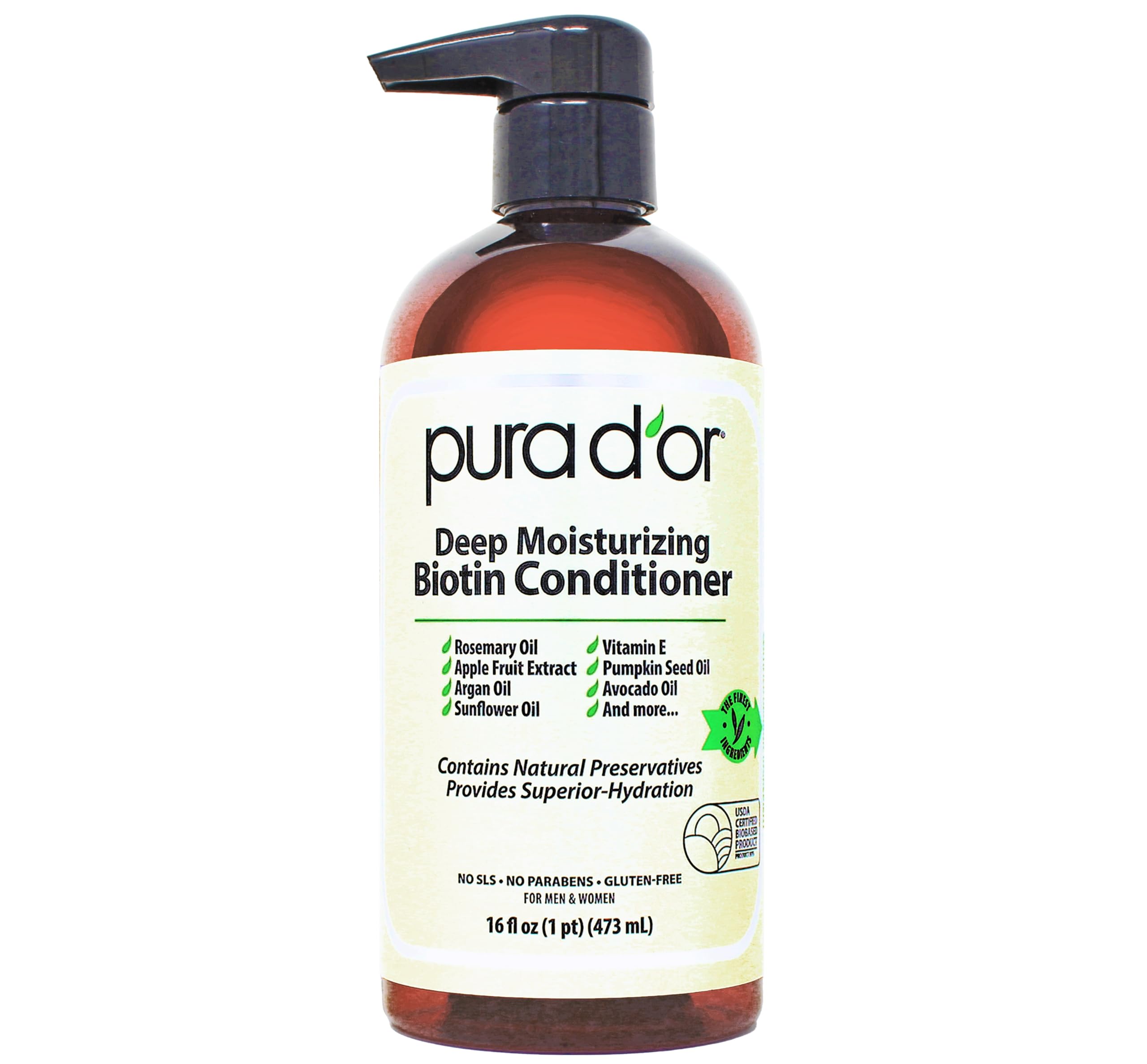PURA D'ORDeep Moisturizing Biotin Conditioner Thickens, Softens, & Moisturizes Dry, Frizzy, Damaged Hair w/Argan Oil, Pumpkin, Rosemary, Honeysuckle, Vitamin E, Men & Women, 16oz