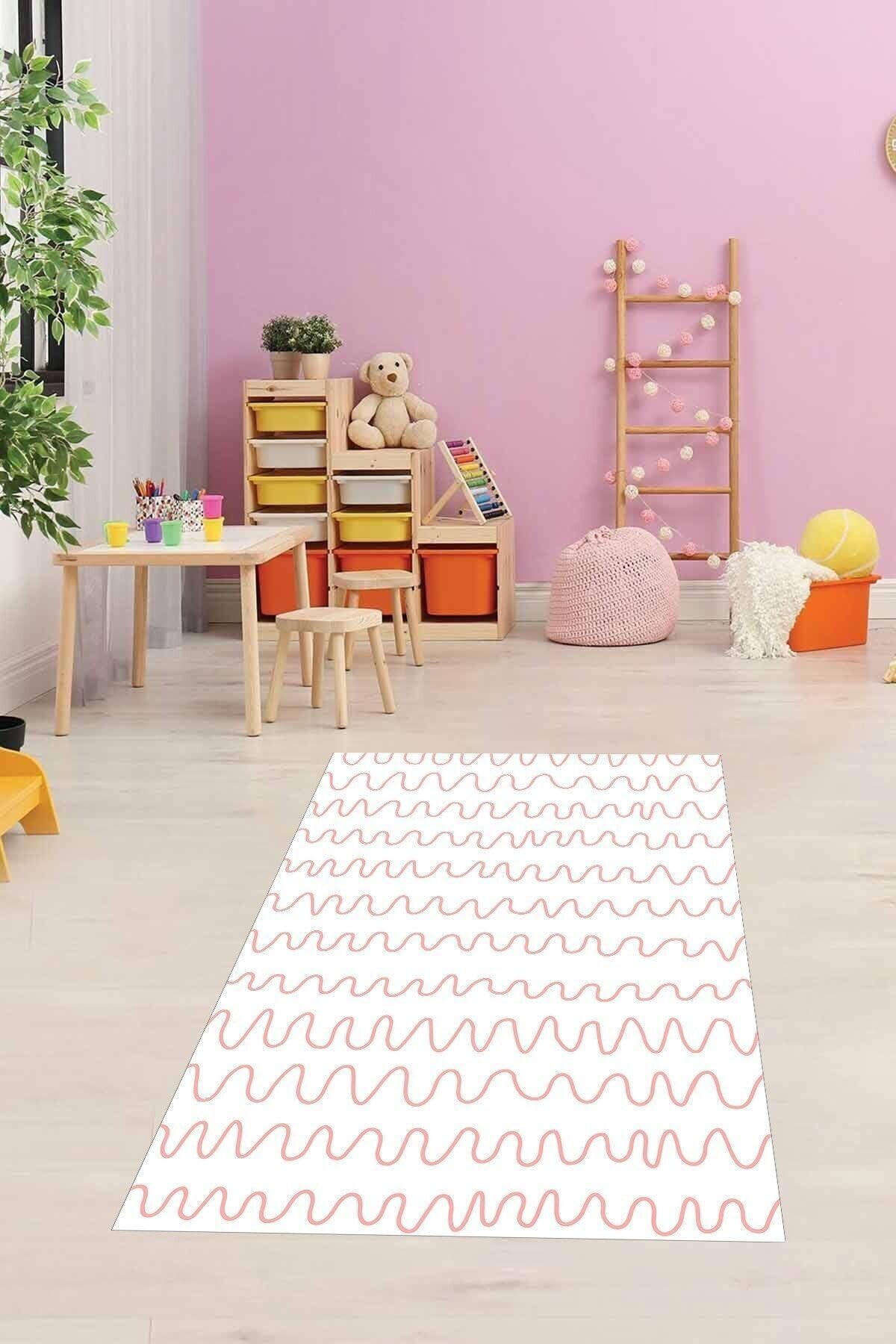 Pelangi Gemici Desenli Deniz Feneri Çapa Yunus Dijital Baskı Yıkanabilir Kaymaz Taban Çocuk Odası Halısı, Pembe-Beyaz 80 x 350
