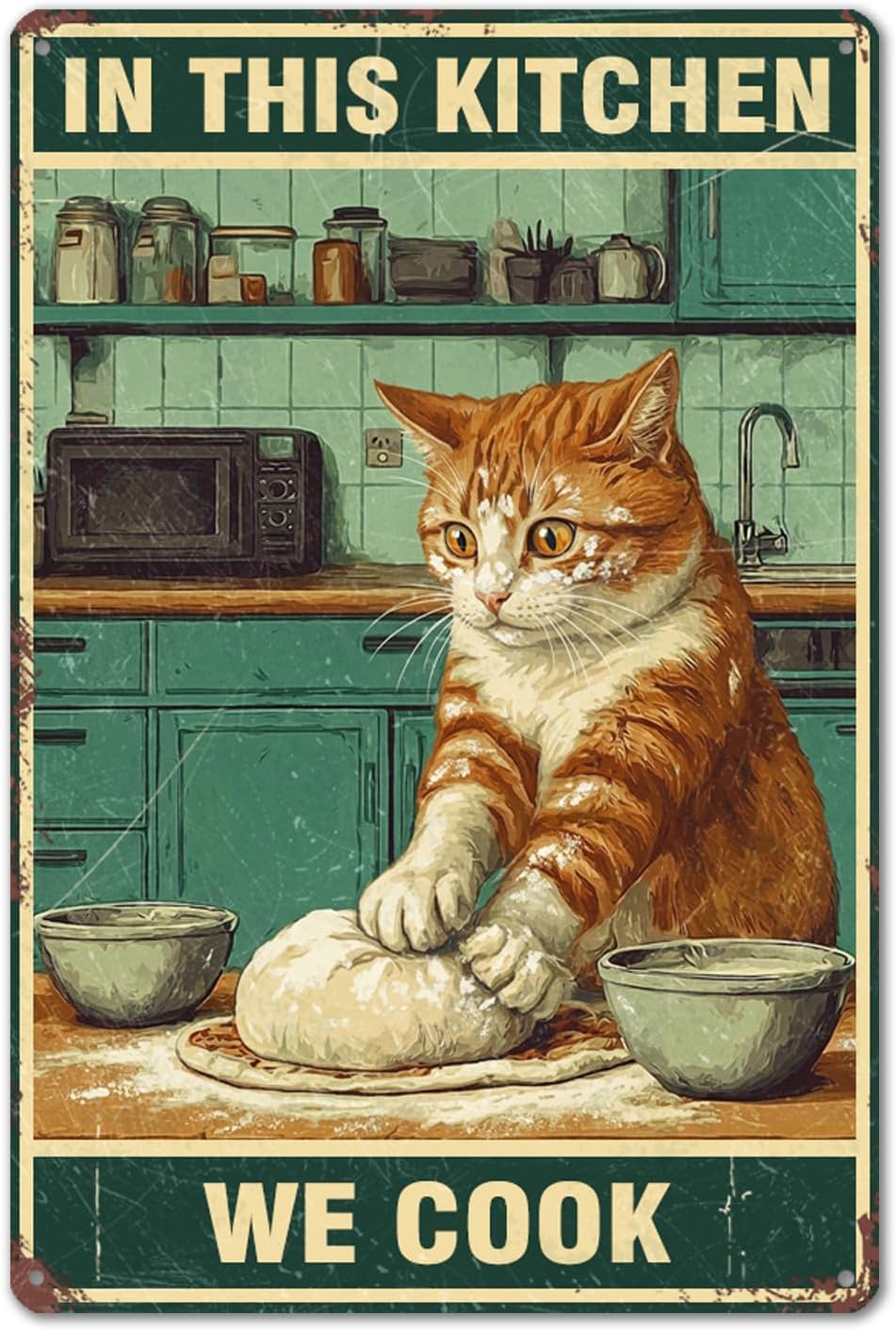 Funny Chef Cat Metal Sign, Vintage Kitchen Wall Decor, "In This Kitchen We Cook", Cute Cooking Cat Wall Art for Coffee Bar, Restaurant or Home, 8x12 Inch