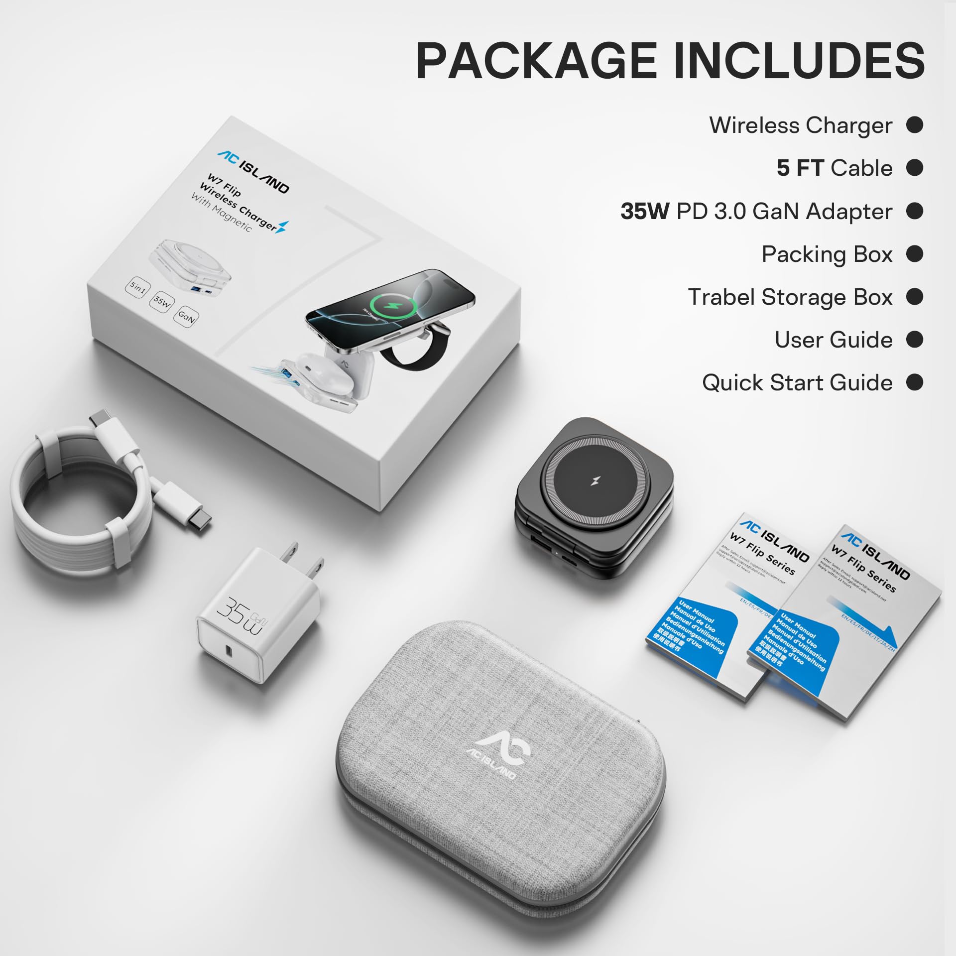 AC Island 5 in 1 iPhone Ladestation kompatibel mit Mag-Safe Ladegerät, Qi2 Faltbar Reisen Wireless Charger für iPhone 17/16/15/14/13/12 Series, AirPods Pro 3, Apple Watch - Schwarz(Mit 35W Stecker)
