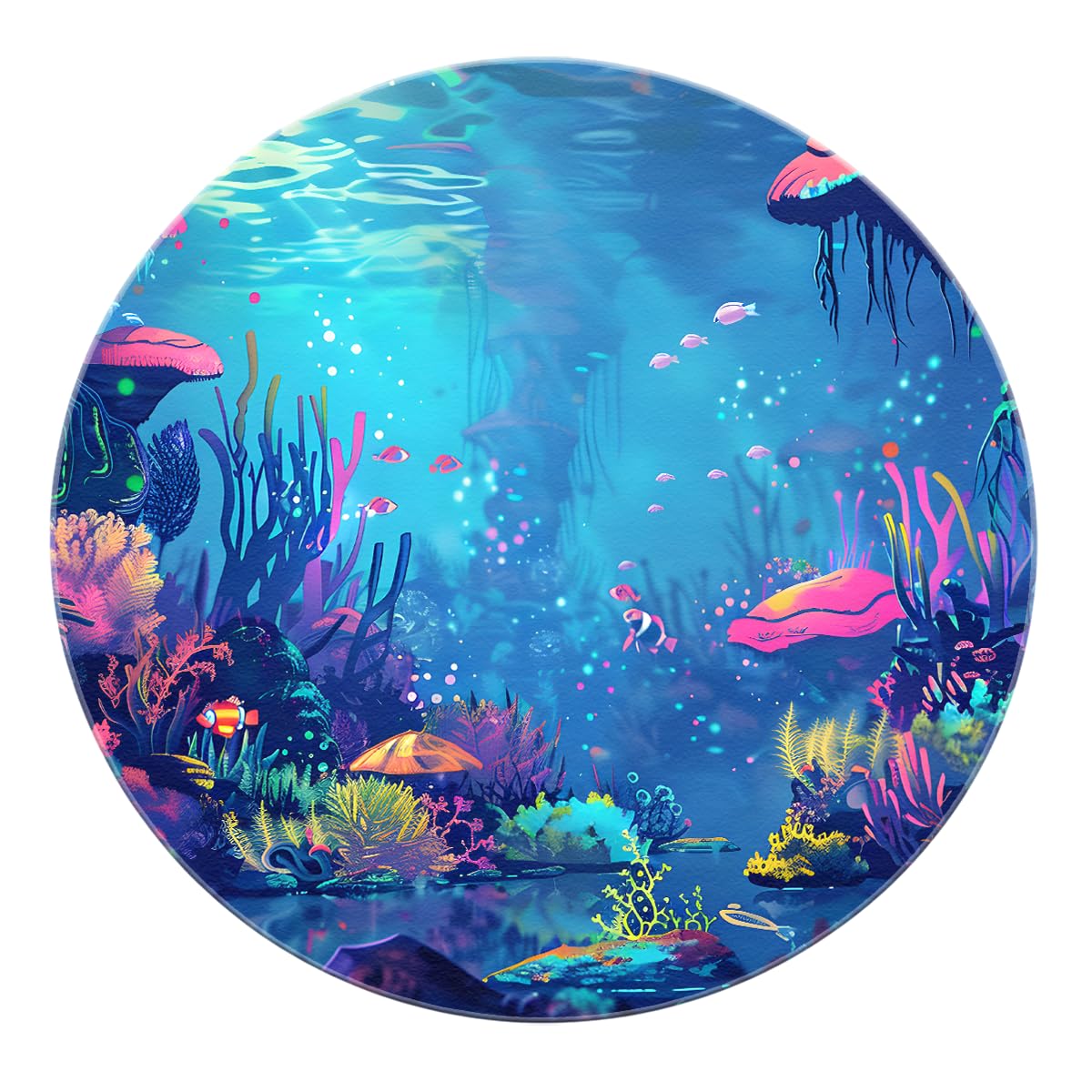 Blaue runde Teppiche 100cm Cartoon Unterwasser Korallen Fisch Szenerie Abwaschbarer Rutschfester Rücken mit niedrigem Florwurf Kreis Teppich für das Bett des Gästezimmers