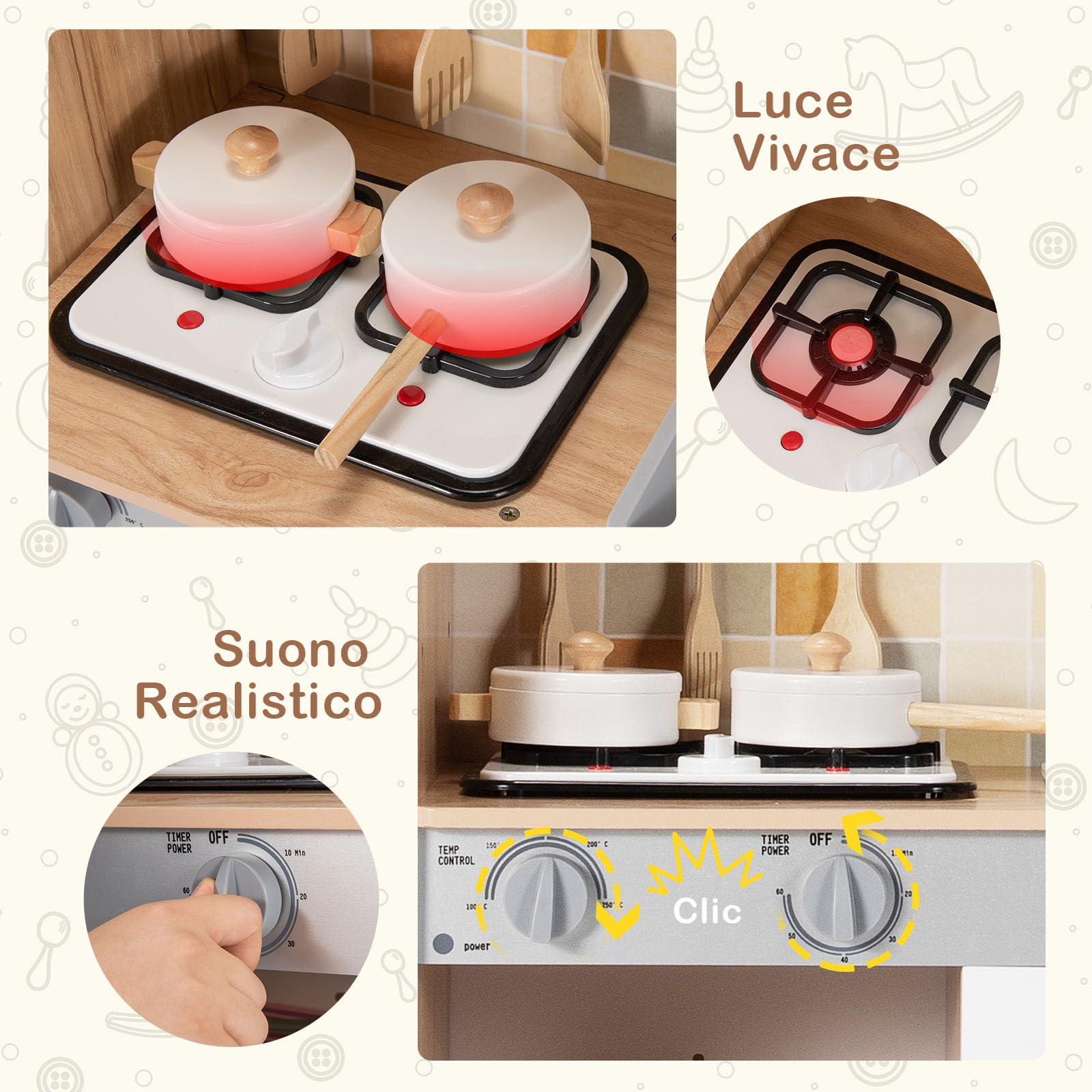 GYMAX Cucina Giocattolo per Bambini, Mini Cucina in Legno con Armadietti e Accessori, Suoni e Luci Realistici, Migliorare la Capacità Pratica, Adatto a Bambini di 3-7 anni (Naturale)