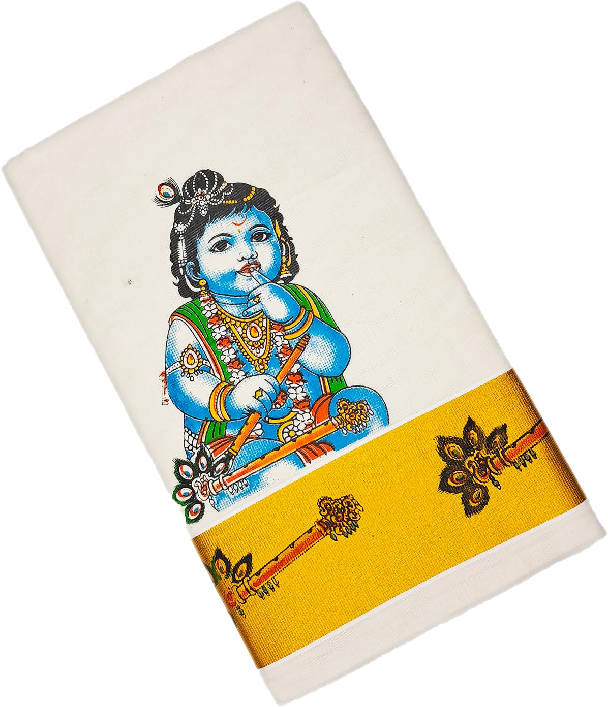 Peerless WearKasavu Saree with Running Blouse/Pure Cotton/Baby Krishna Mural Printed/Off White/Gold Zari 2x3inch/Full Work