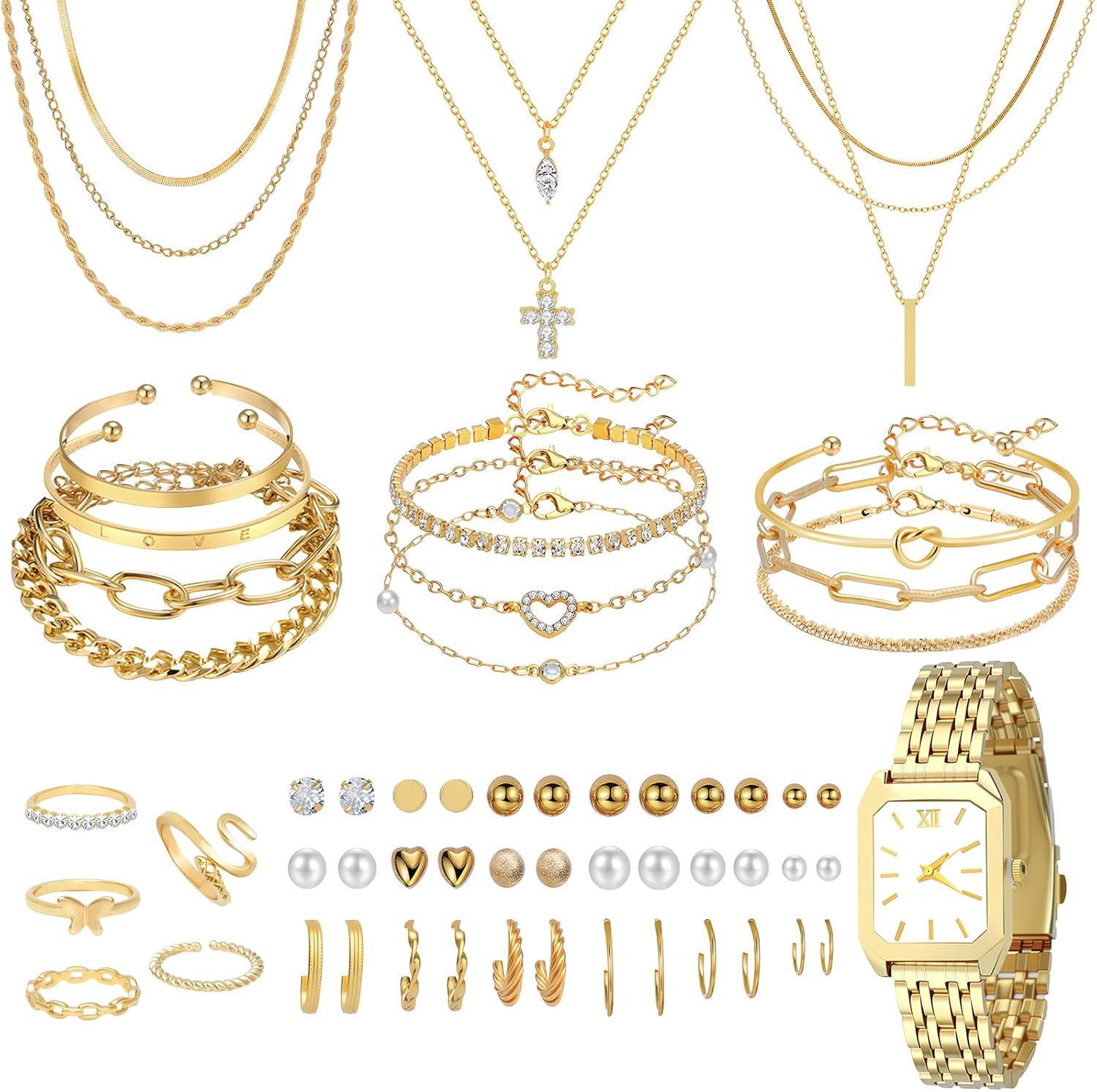 NEWITIN 61 Pieces Gold Jewelry Set for Women Fashion Costume Jewelry Gold Plated Necklace Bracelet Watch Ring Earrings Set for Women NEWITIN 61 Pieces Gold Jewelry Set for Women Fashion Costume Jewelry Gold Plated Necklace Bracelet Watch Ring Earrings Set for Women