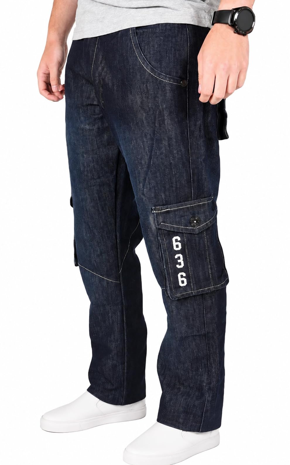 True Face Men's Black Wash Jeans Cargo Combat Denim Regular Fit Trouser Casual Multipocket Bottoms Zip Fly Pants 36W / 34L