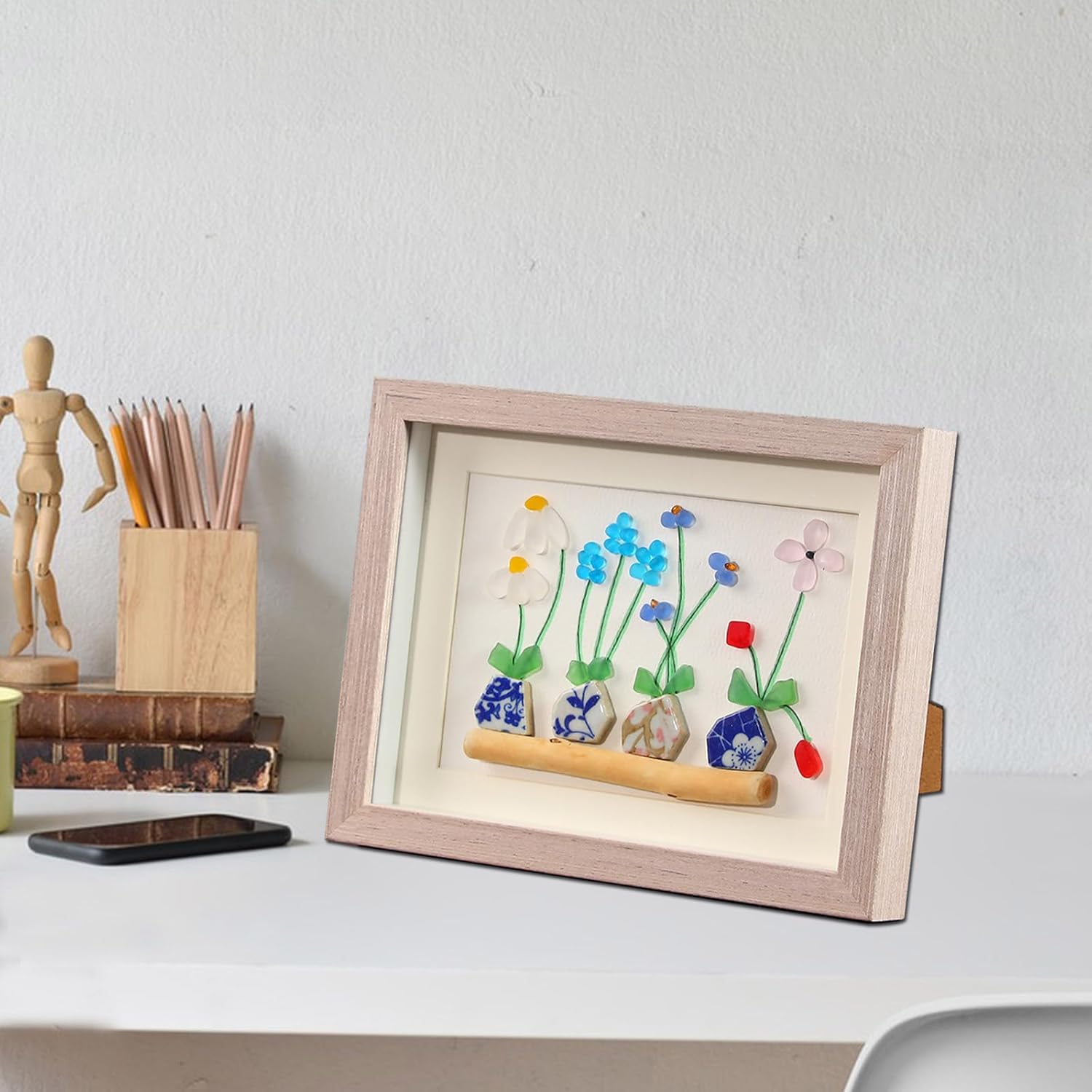 Beach Sea Glass Flowers Art Pictures, Handmade Sea Glass Art Framed Wall Art Decor, Friendship Colleague Gifts Mother's Day gift Idea,Birthday Gifts Housewarming Gift