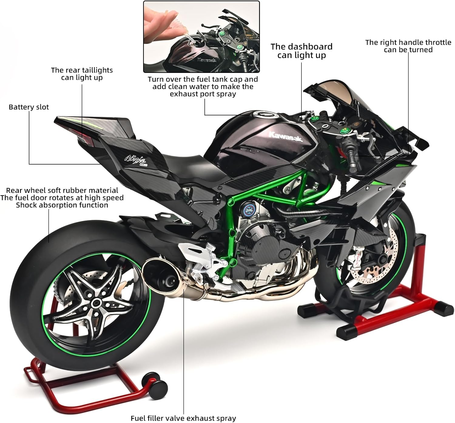 RZAPE Die Cast Motorcycle 1:6 Scale for Kawasaki H2R Motorcycle Alloy Racing Motorcycles Model Power Kawasaki Ninja H2R Toy Motorcycles Collection H2R Kawasaki Model Motorcycles（Carbon Fiber Black）