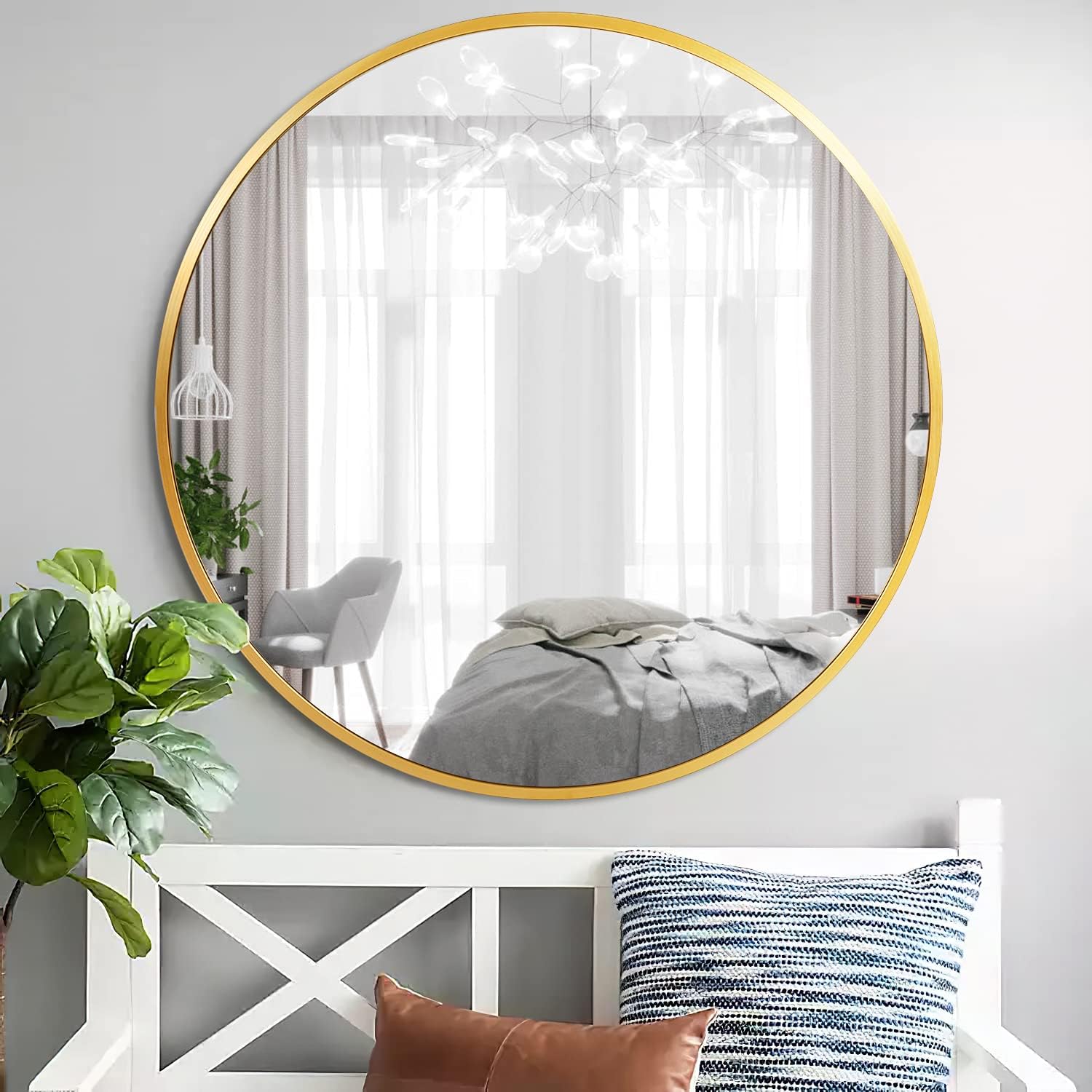 PexFix 30" Round Wall Mirror Circle Mirror Aluminum Alloy Frame Modern Wall Hanging Mirror Decorative for Bedroom Washrooms Entryway - Titanium Gold