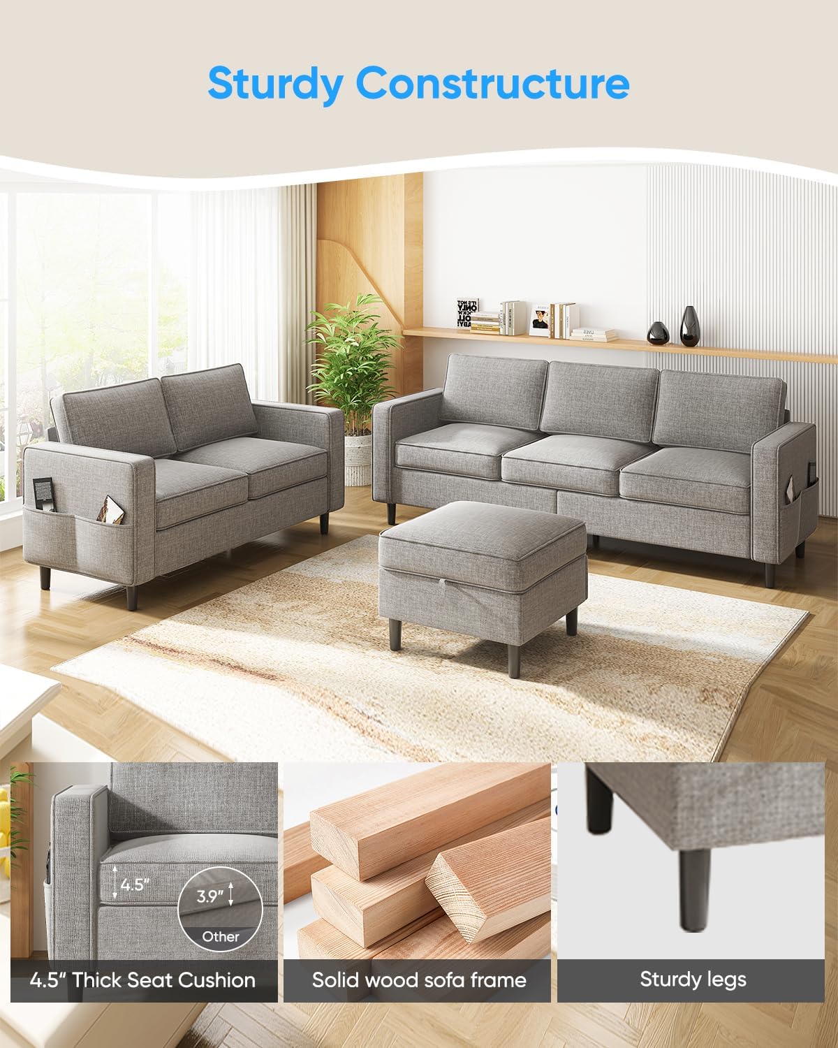 2 Pieces Sofa Sets for Living Room-L Shaped Sofa and Loveseat, Linen Fabric 3 Seater Sofa with Ottoman and Loveseat Sets, Modern L Shaped Couch + 2-Seat Sofa Sets,Light Grey