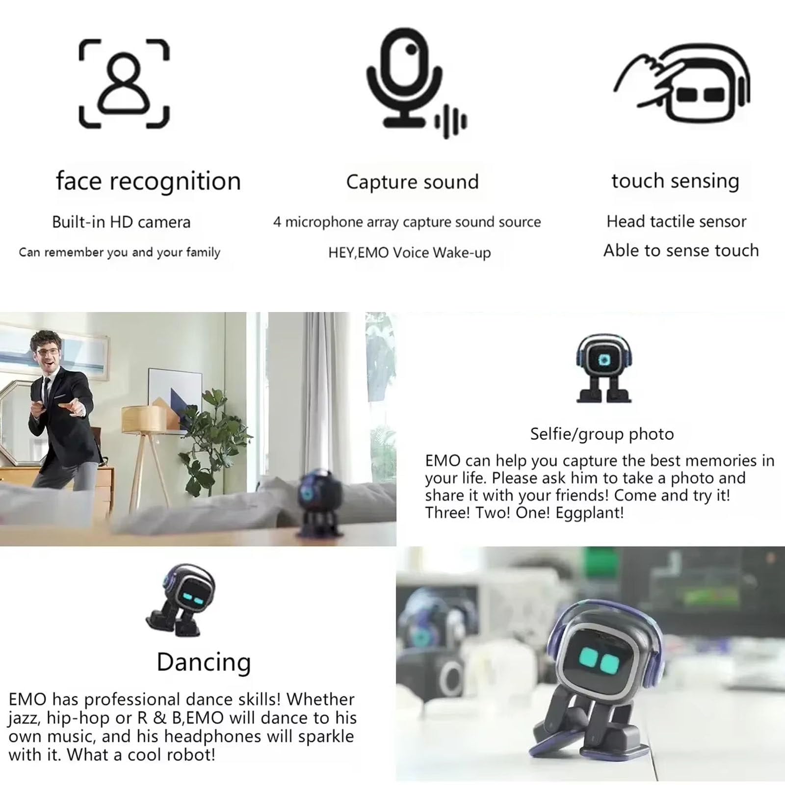 Robot Towarzysz Ai, Inteligentny Robot Biurkowy, Z Rozpoznawaniem Twarzy, Interakcją Głosową, Czujnikiem Dotykowym, ładowaniem Bezprzewodowym 5 W, Do Domowej Zabawy White