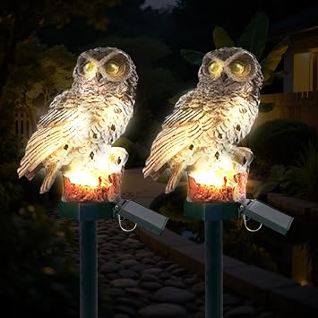 2 Pack Owl Figure Solar LED Lights, Resin Garden Waterproof Decorations with Stake for Outdoor Yard Pathway Outside Patio Lawn Decor Brown