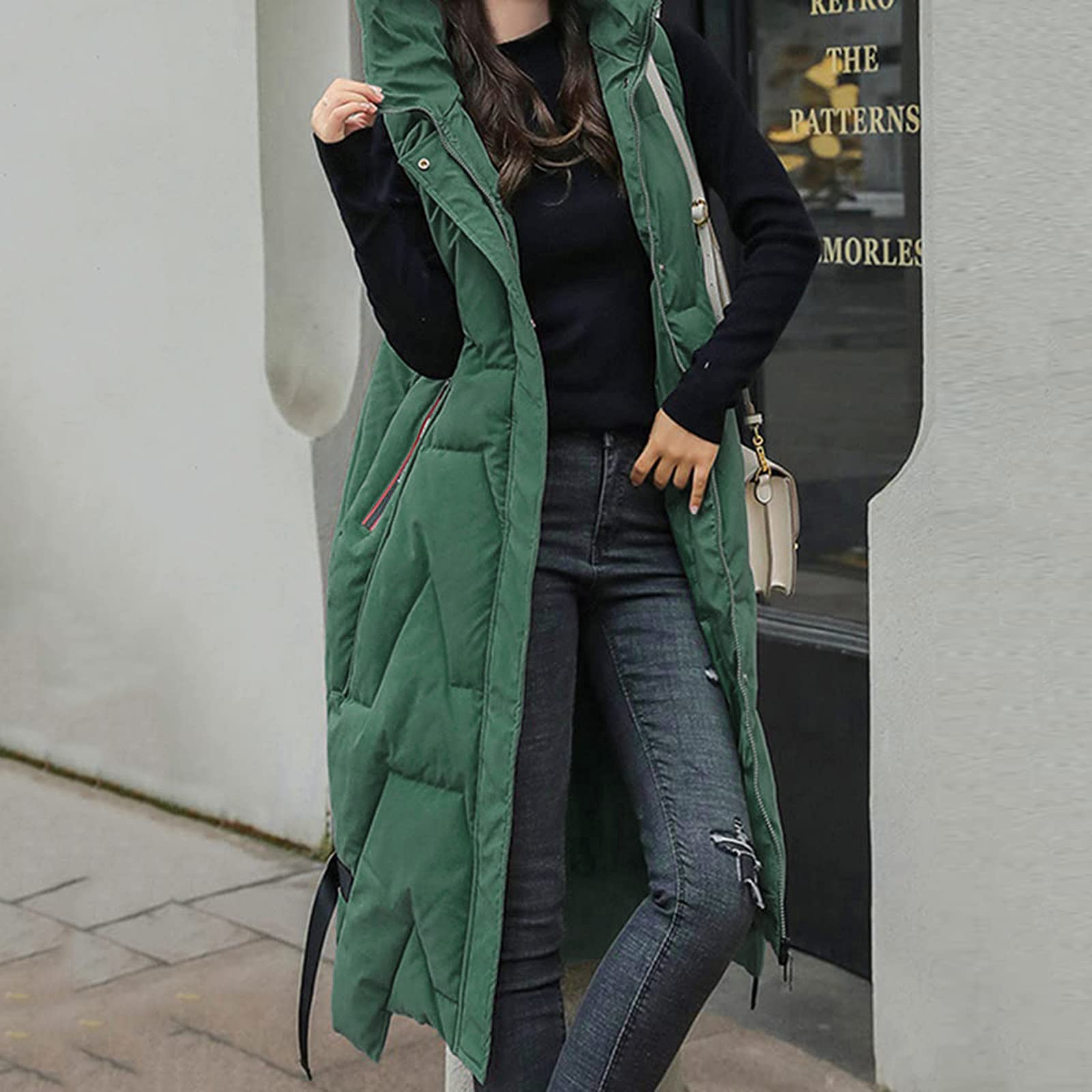 IQYU Giubbotto lungo da donna trapuntato leggero con cappuccio, gilet lungo sottile in piumino, giacca invernale trapuntata, senza maniche, con cappuccio, portatile, antivento, gilet in piumino, M XXL