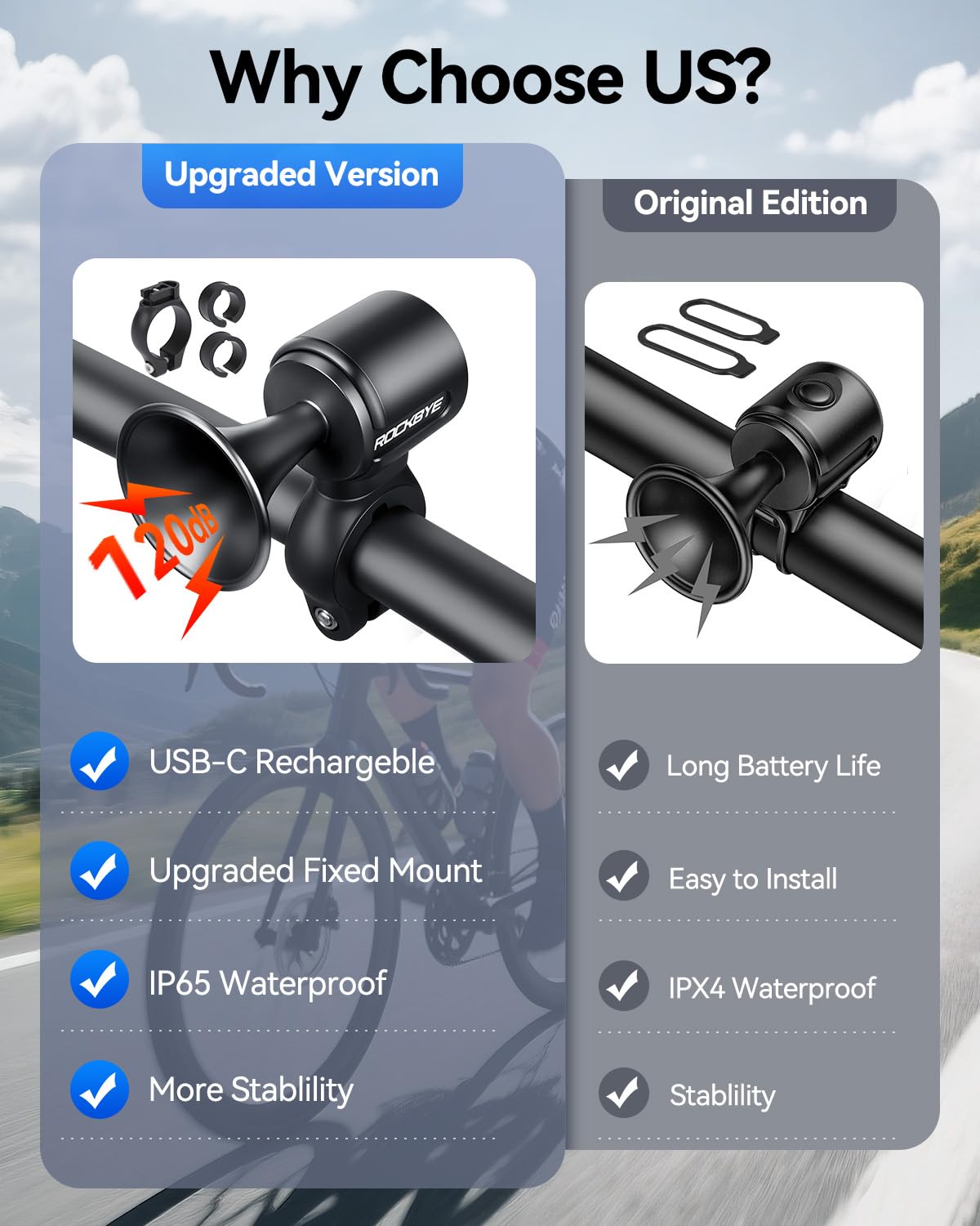 E-Bike-Hupe, 120 dB, laute Fahrradhupe für 22,2–25,5 mm runde Lenker, per USB wiederaufladbar, IP65 wasserdicht, einfache Installation für Mountainbike/E-Bike/Roller/Erwachsene