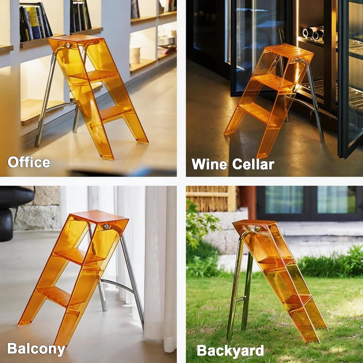 3-Step Clear Acrylic Folding Step Stool Display Stand/Shelf Portable Steps Ladder Non-Slip Textured Silver-Plated Frame L44xW52xH63cm No Assembly Required Load 330-lb