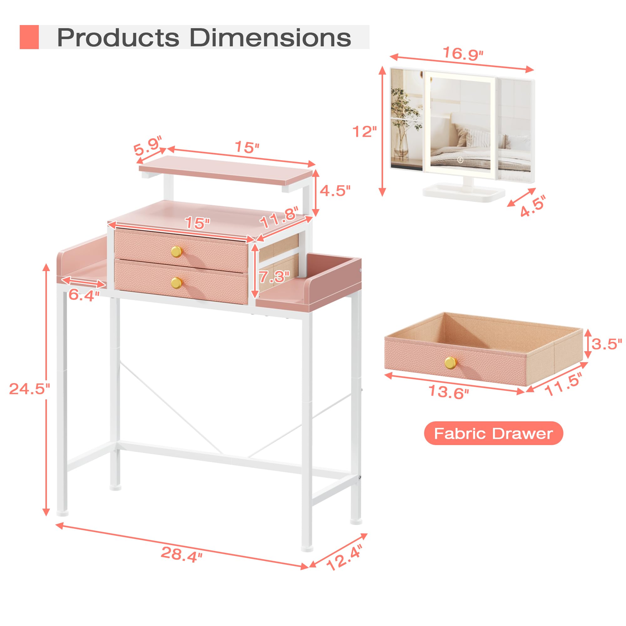 Escritorio de tocador con espejo y luces, mesa de maquillaje pequeña de 28.4 pulgadas de ancho con soporte ajustable en altura, 2 cajones de tela, escritorio compacto de maquillaje, regalo 6