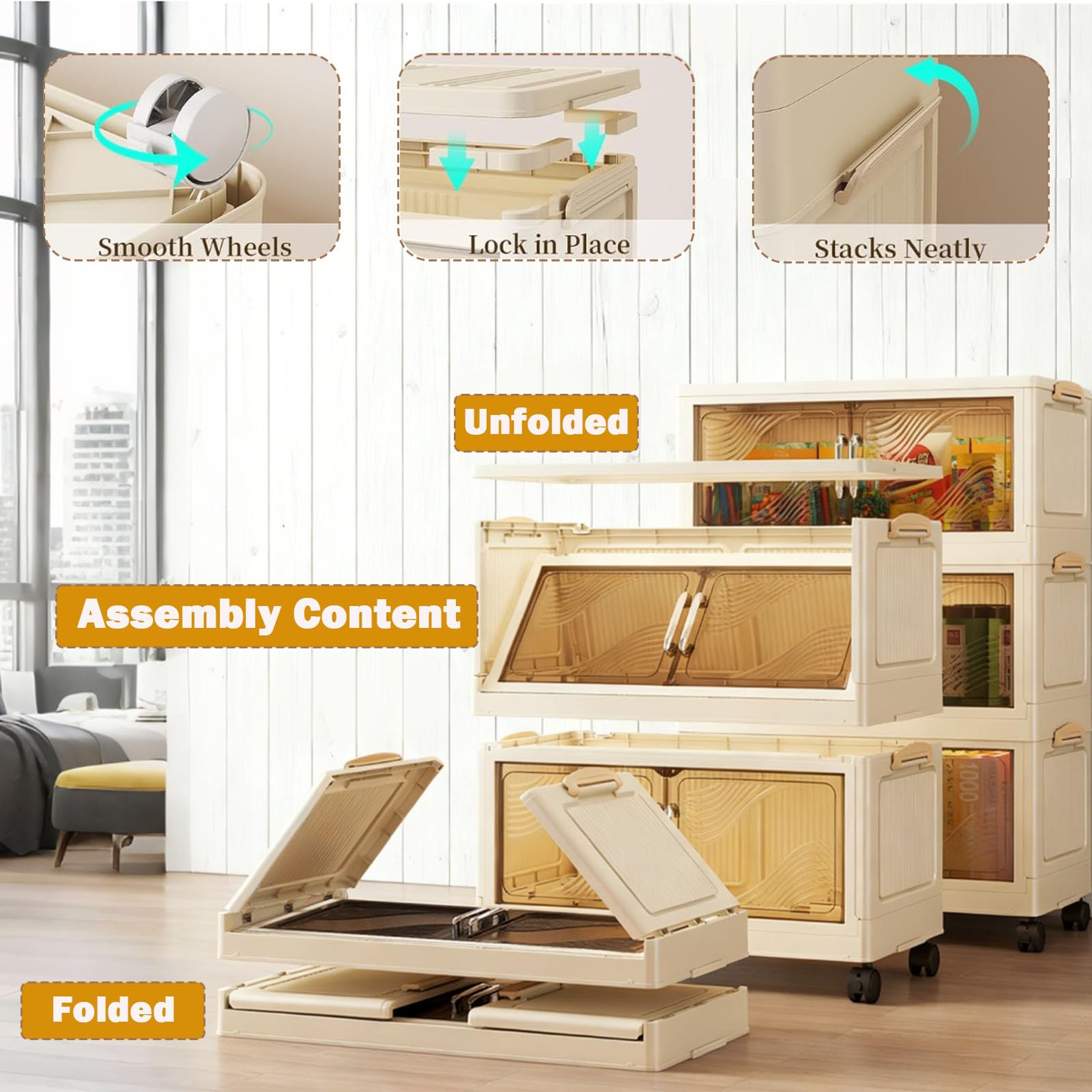 5 Tier Plastic Storage Bins with Lid,Storage Box for Home,Stackable Clothes Organizer, Foldable Stackable Storage Containers with Wheels，Closet Organizers and Storage for Office,Living Room,Dorm - 4