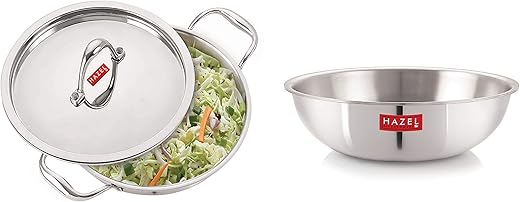 HAZEL Triply Stainless Steel Induction Bottom Tasra & Kadhai with Steel Lid (Set of 3), 1.2 Litre, 18.5 cm
