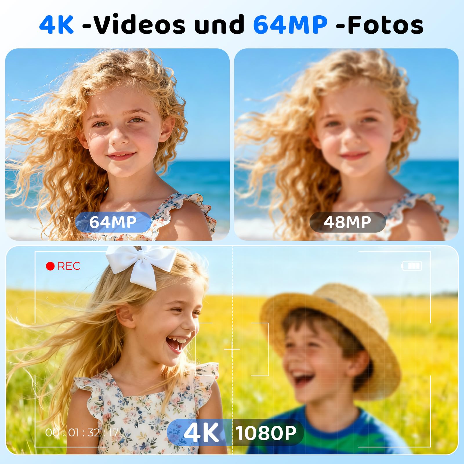 CHAKEYAKE Digitalkamera, 4K 64MP Vlogging Fotokamera mit 32GB Karte, 2,4" LCD Bildschirm, 18X Digitalzoom, Autofokus, Anti-Shake, Tragbar Kompaktkamera für Kinder Teenager Einsteiger, Schwarz