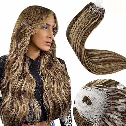 LaaVoo Micro Hair Extensions Human Hair 14" Color Dark Brown Mixed Caramel Blonde 100% Real Micro Beads Human Hair Extensions Cold Fusion Straight 50g/50strands