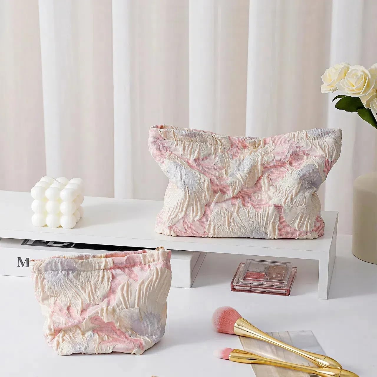 2 Pack Floral Makeup Bag,Large Cosmetic Bag Small Makeup Organizer,Aesthetic Toiletry Bag for Women
