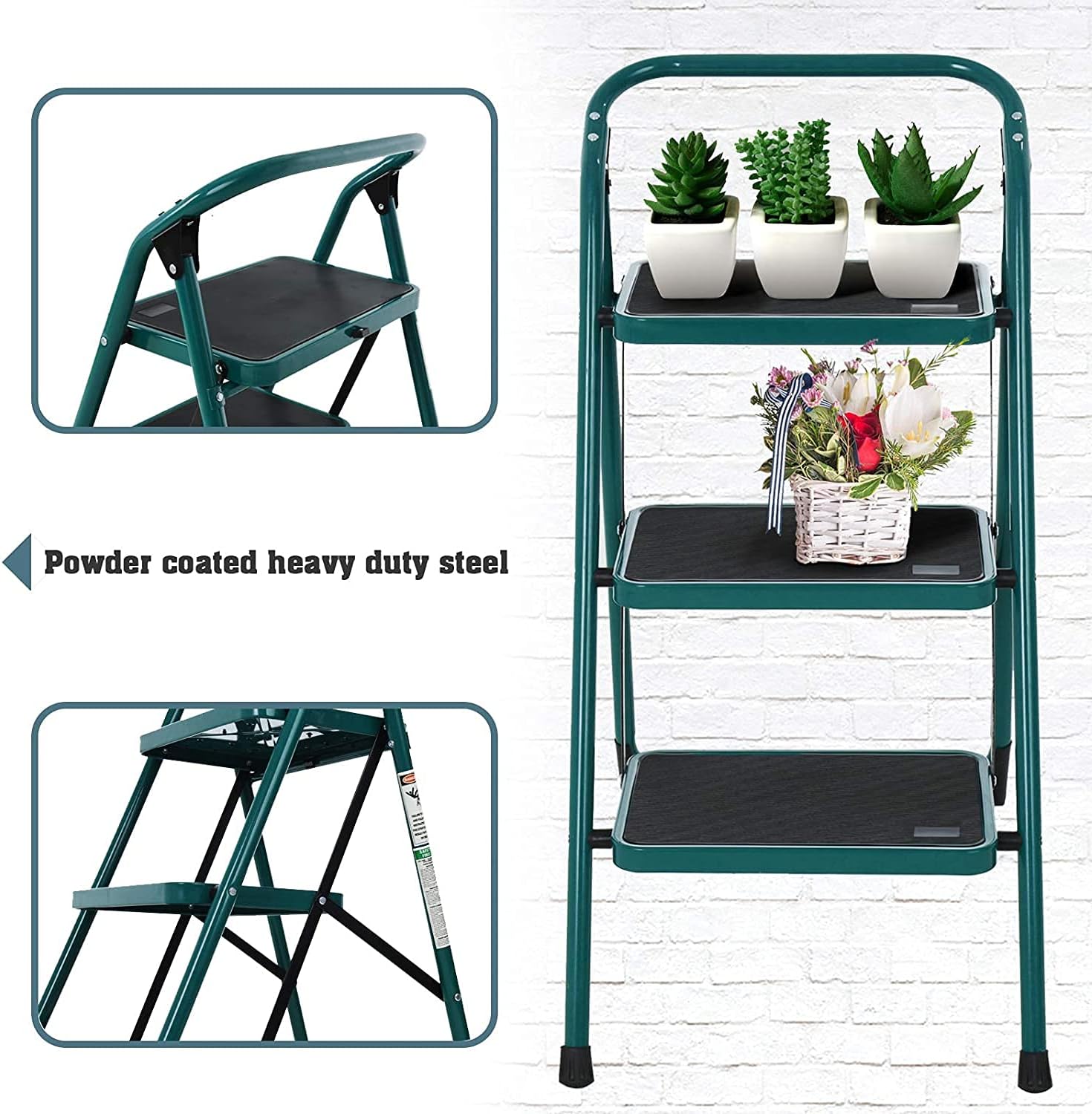 Step Ladder, Folding Step Stool w/Non-Slip Rubber Feet, Load Sturdy Steel Foldable Ladders, Lightweight Portable Stool Stairs, Multi-use Ladder Stand for Household and Office (3 Step Ladder)