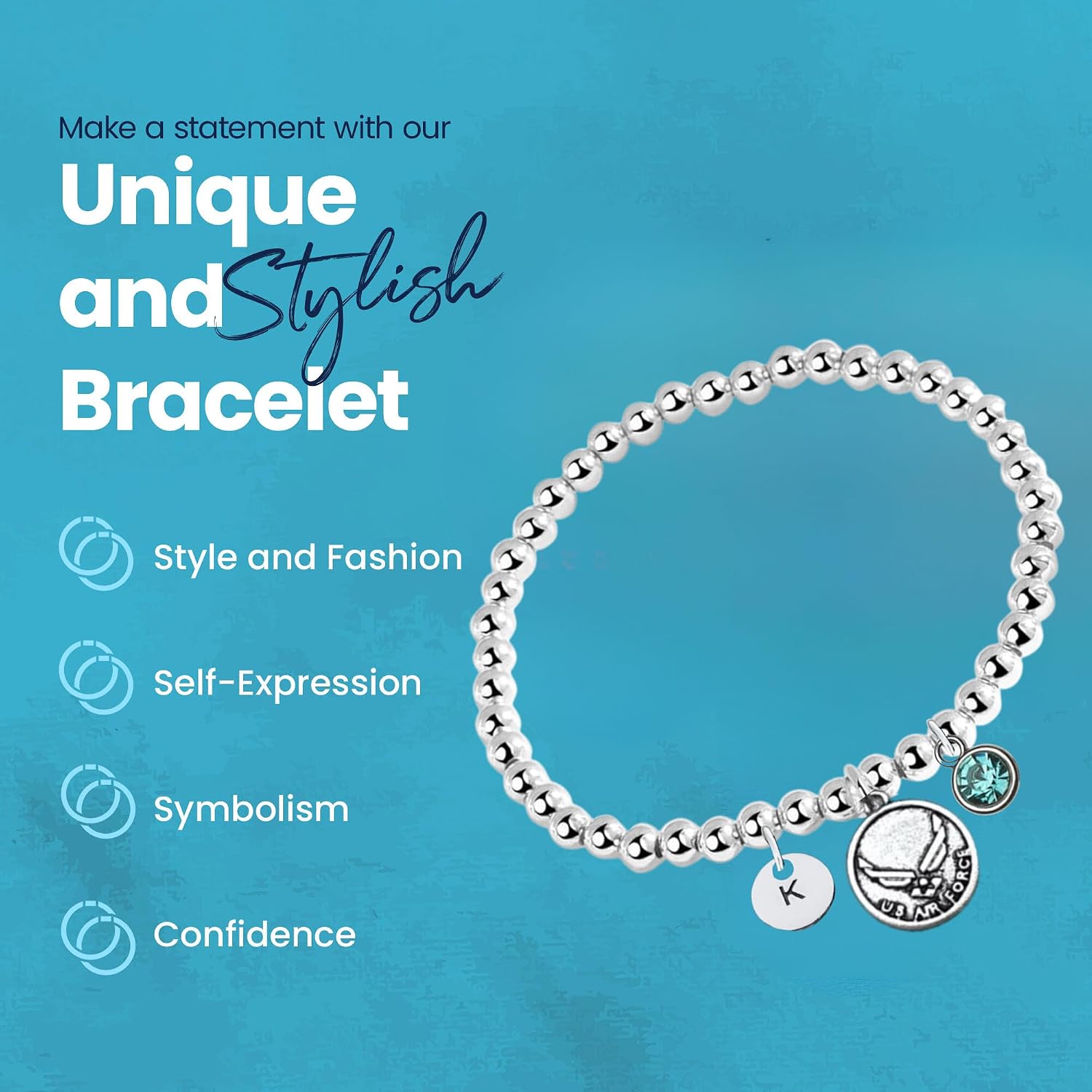 US Air Force Gift, Personalized US Air Force Beaded Bracelet with Initial Letter and Birthstone Charm, US Air Force Adjustable Jewelry, Custom US Air Force Lover Accessories for Girls