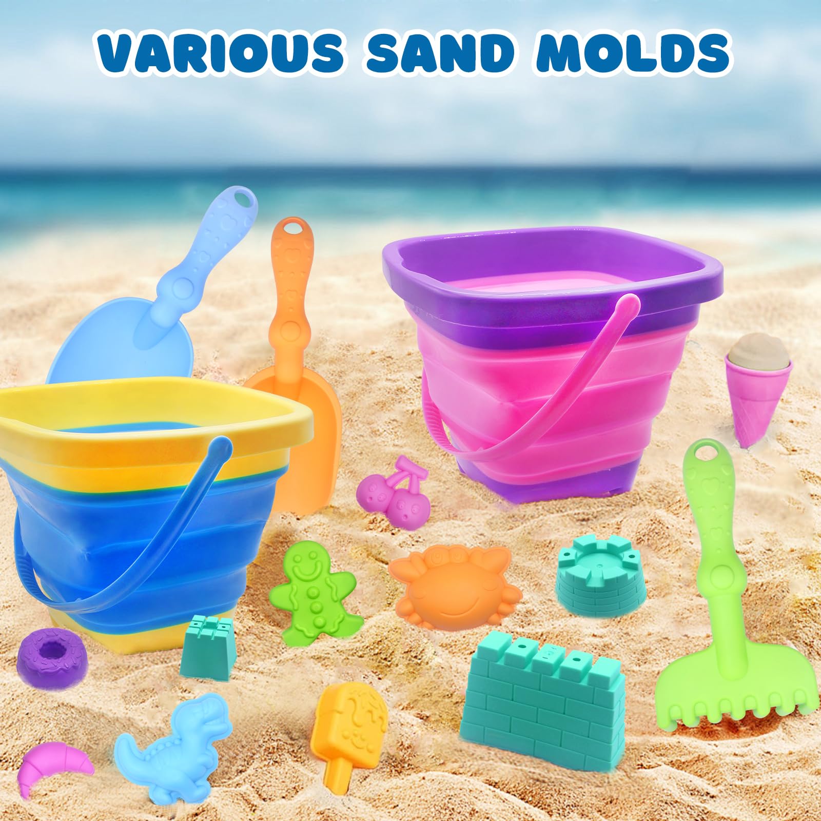 35 Piezas Juguetes de Playa para Niños, Juegos Playa Niños con Cubo Playa Plegable, Bolsa Malla Reutilizable, Pala de Arena, Moldes de Arena, Juguetes al Aire Libre para 3 4 5 Años