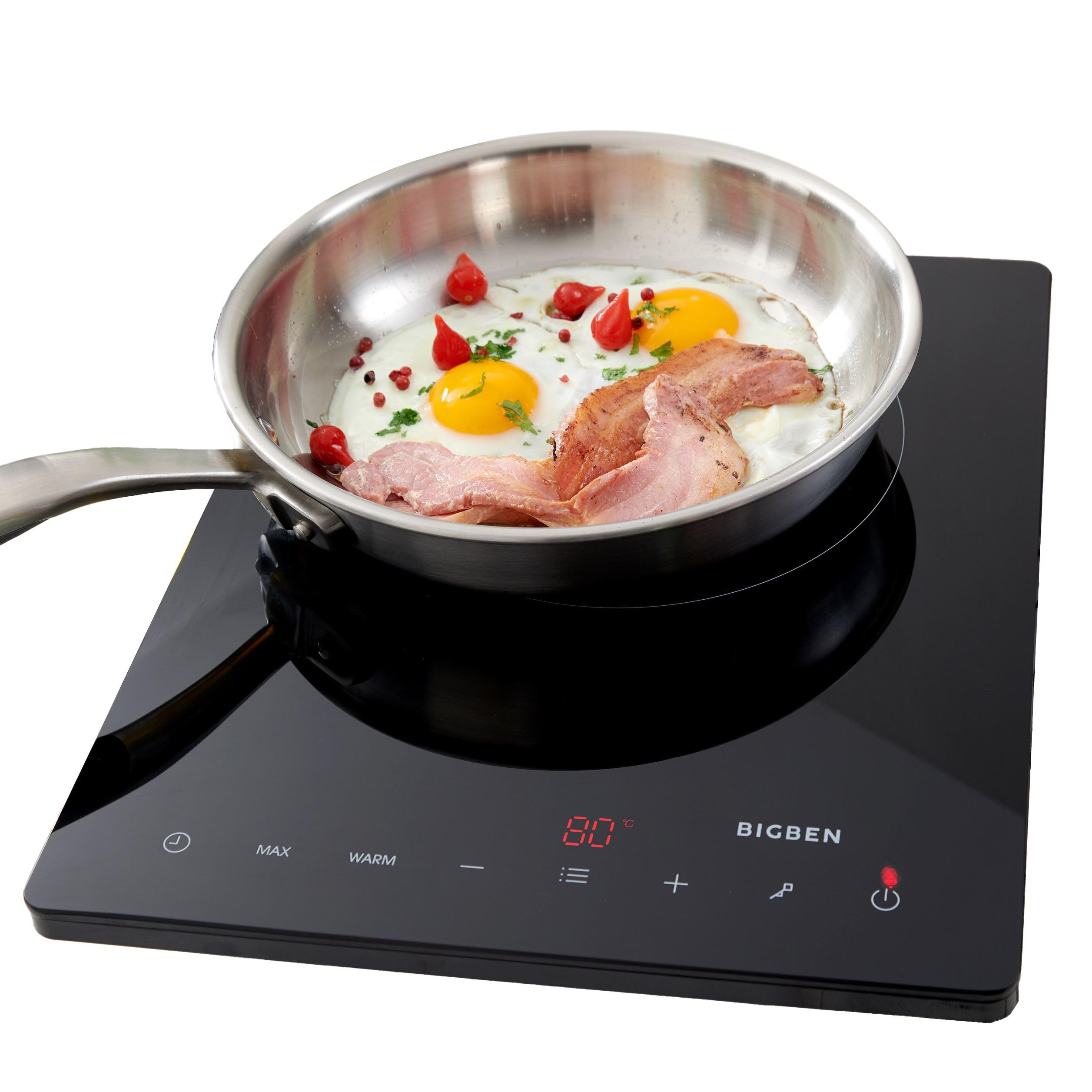 Bigben Placa de inducción portátil 1950 W – Mesa de cocción 1 fuego con temporizador, control de temperatura 60-240 °C, ideal estudio, cocina supletoria – Limpieza fácil – CKMONO1BK (una placa)