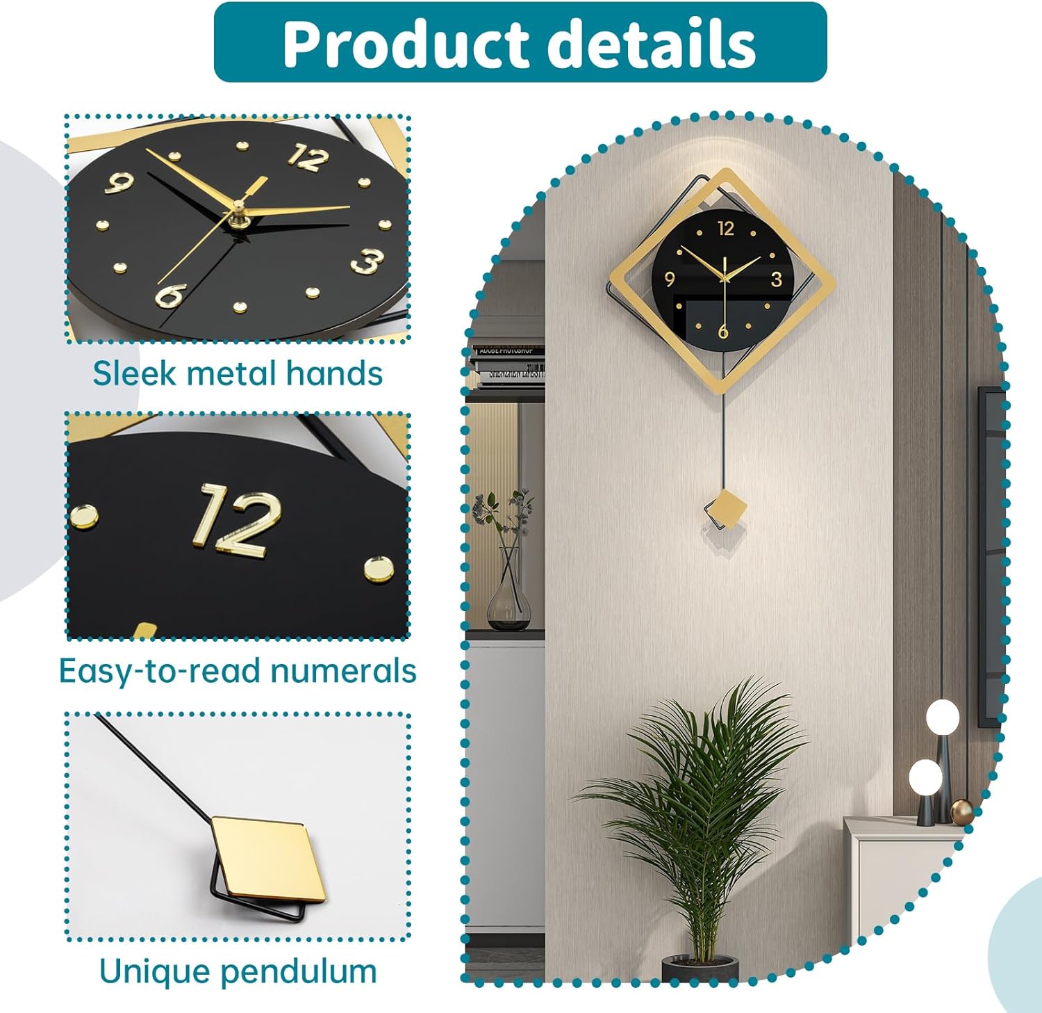 Decorative Wall Clock for Living Room Decor Modern Large Clocks Battery Operated for Bedroom Kitchen Office Home Creative Geometric Wall Watch Clock Non Ticking 15x24inches