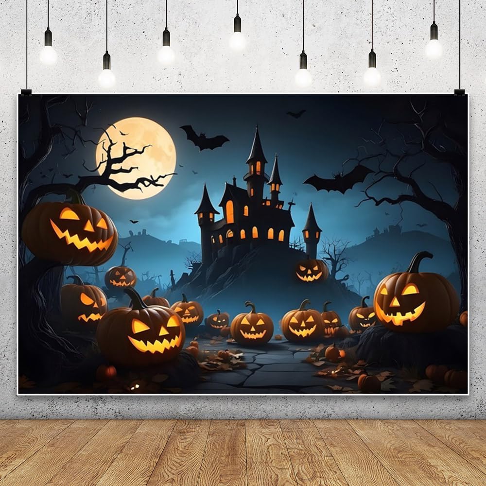 CHAIYA Toile De Fond Happy Halloween 2,4 X 1,8 M Jack O'Lantern Citrouille Lanterne Orange Nuit Lune Chauve-souris Toile D'araignée Cimetière Clôture