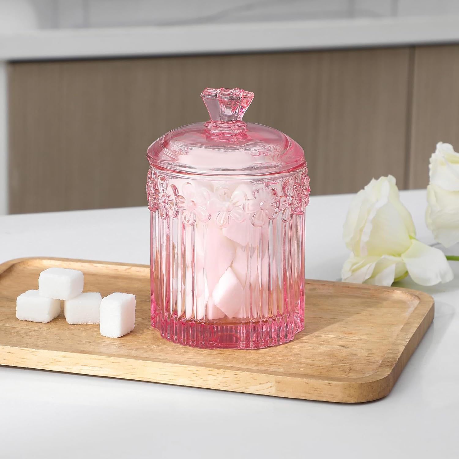 2 Pack Qtip Holder Thick Glass Apothecary Jars with Lid for Bathroom Decor, Cotton Ball Storage Organizer for Cotton Swab, Cotton Rounds, Candy, Clear and Pink