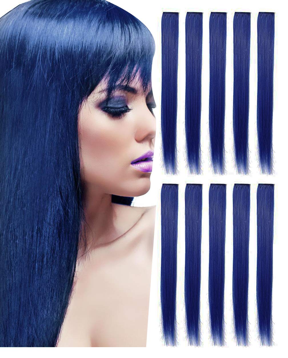 22 Inch Colored Party Highlights Straight Hair Clip Extension / Colored Clip in Hair Extensions Rainbow Heat-Resistant Synthetic Straight - Cospaly Fashion Party Christmas Gift For Kids Girls (Blue (10 Pcs))
