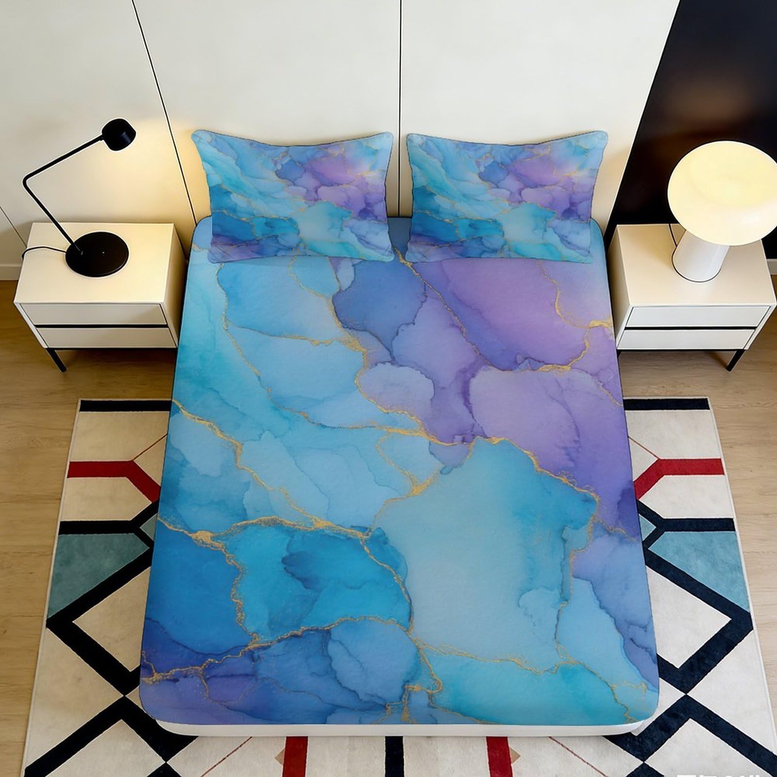 Wtorimpel Style-6 3D Printed Blue Watercolor Fitted Sheet Microfiber Deep Pocket Non-Slip Bedroom Bedding Watercolor Mattress Fitted Cover Washable For Adults Teens 140X200x25cm