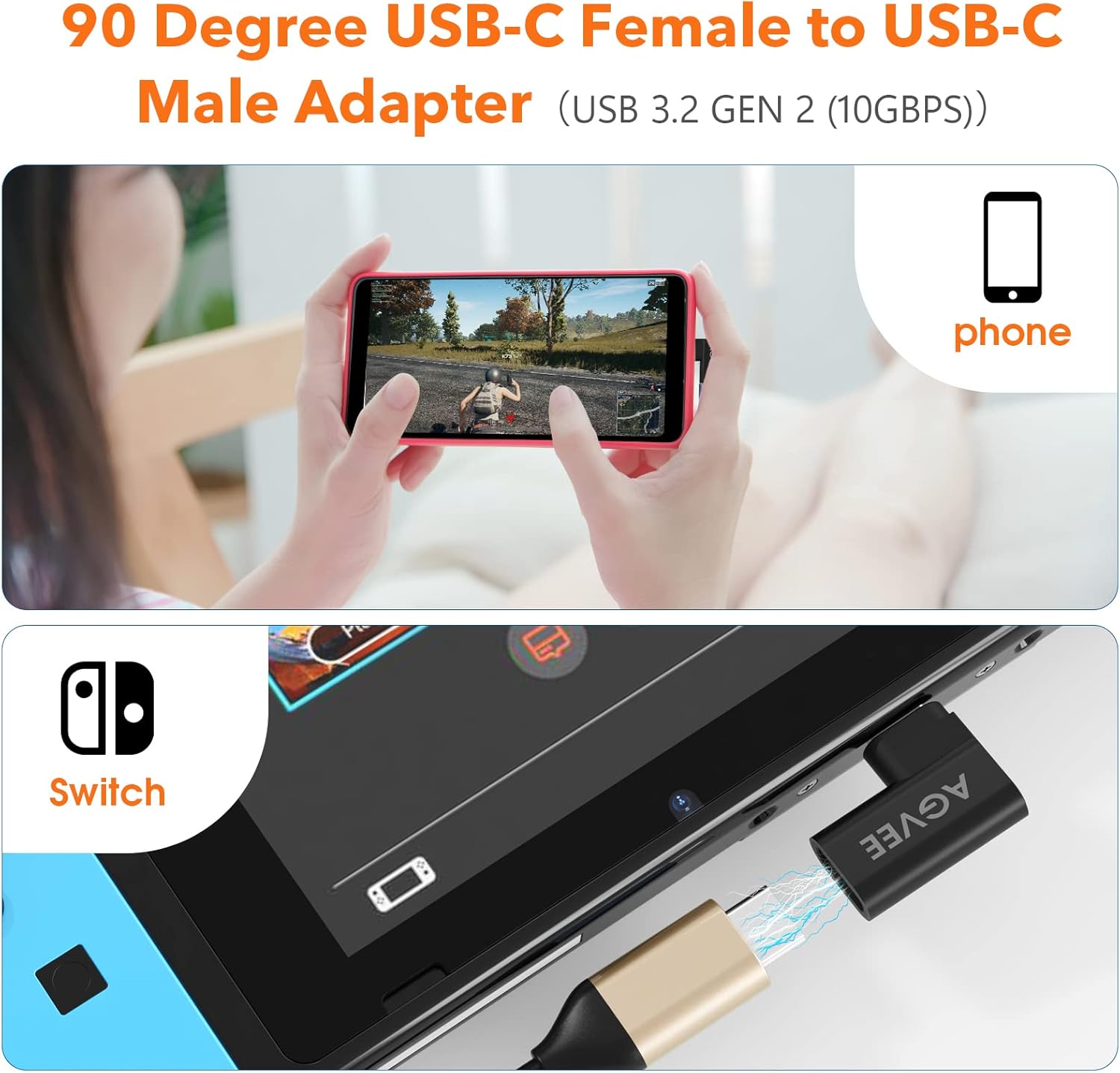 AGVEE 4 Pack Side Angle 90 Degree USB-C Male to USB-C Right Angled Female Adapter (Type-C 3.2 Gen 2) Converter Video Type-C 10G Data Extension Coupler Converter Connector, Black