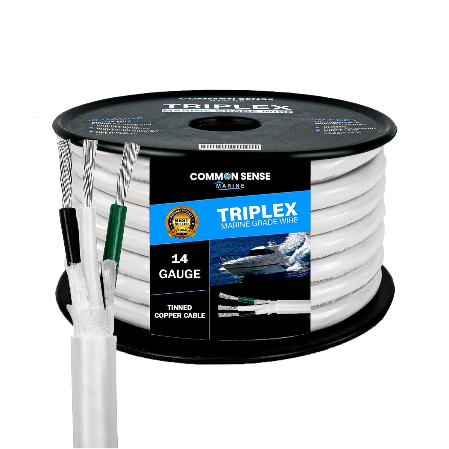 14/3 AWG UL 1426 (The Real Thing) Triplex Round Marine Wire - Tinned Copper Boat Cable - 30 Feet - White PVC Jacket