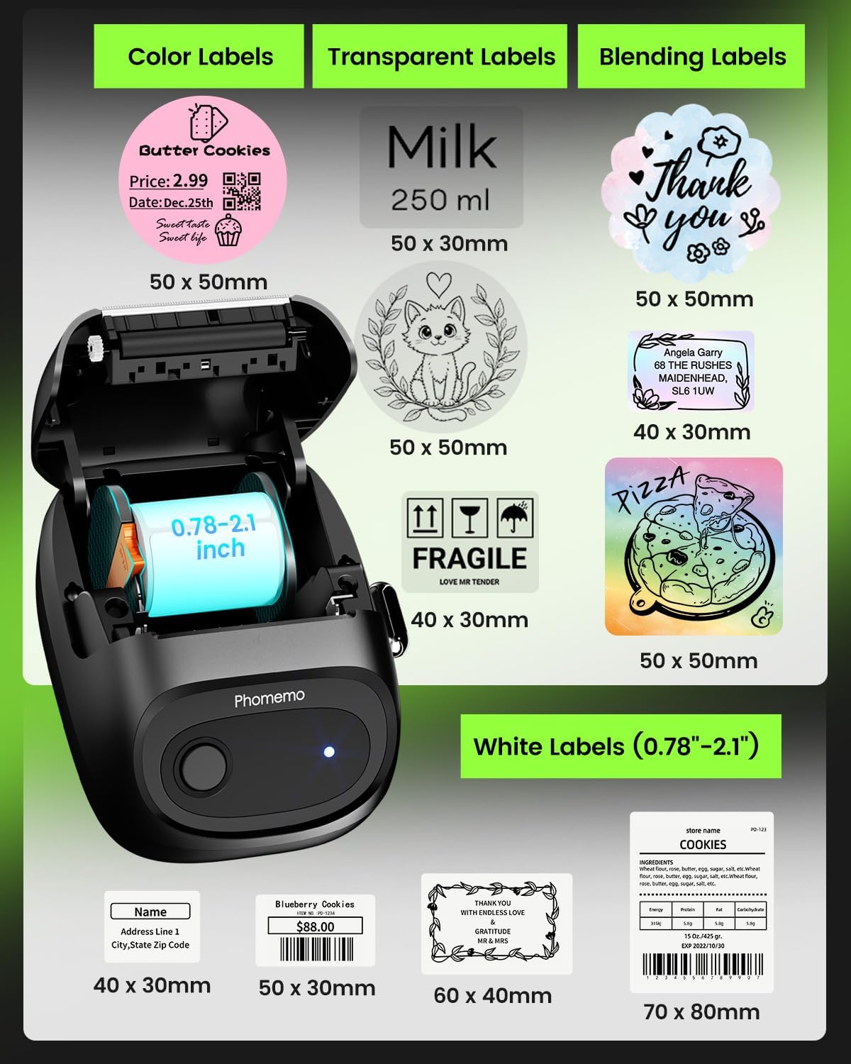 Phomemo Label Maker, M160 Bluetooth Address Label Printer with Different Fonts and Templates, 2 Inch Barcode Label Maker for Small Business, Mailing, Logo, Clothing, Sticker Printer for Phone& PC - Image 3