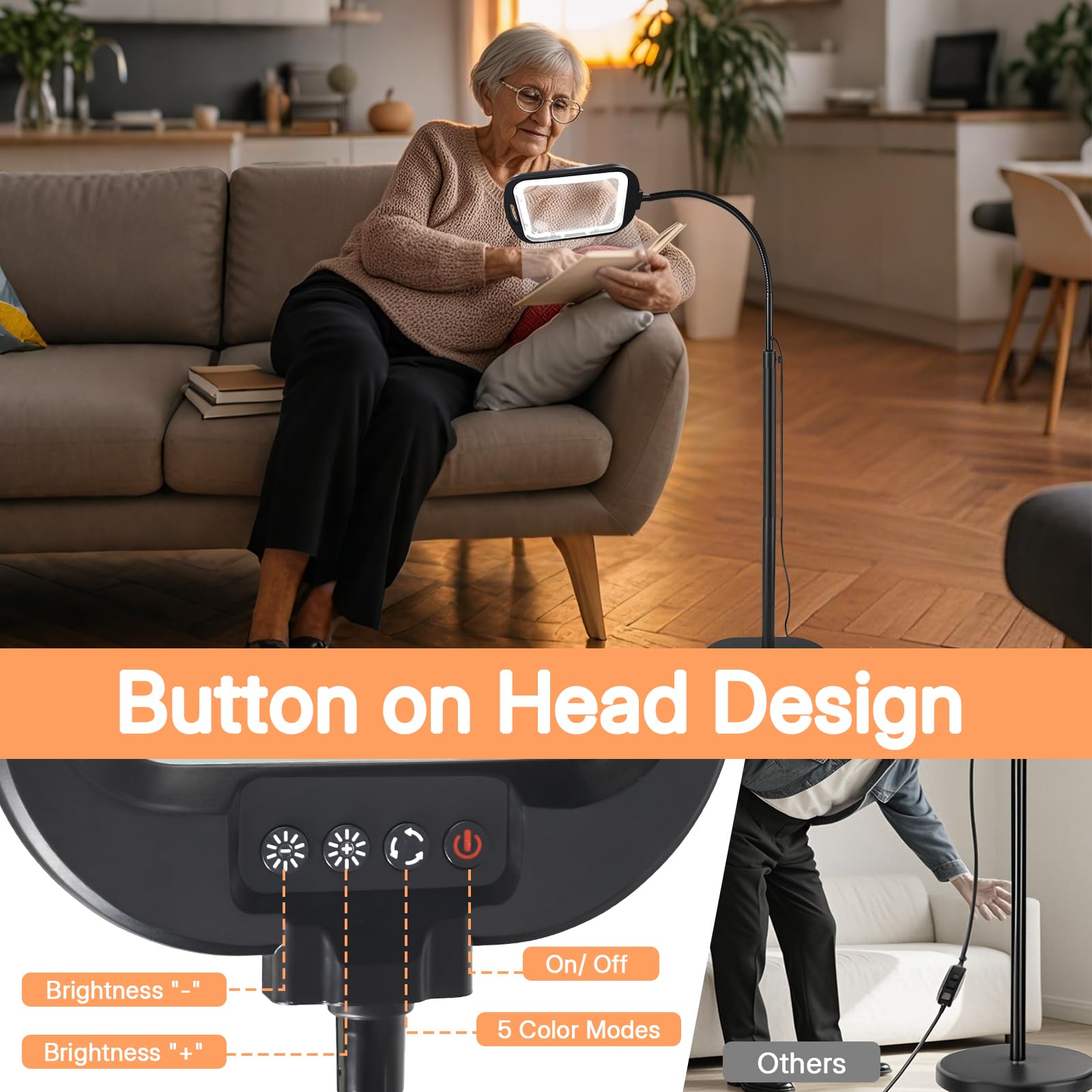 GABORISH Lupa de pie 30X con luz y soporte, lámpara 3 en 1 con 60 LED, lámpara rectangular de cuello de cisne con abrazadera, 5 modos de color regulable, sin manos, lupa de lectura con luz para