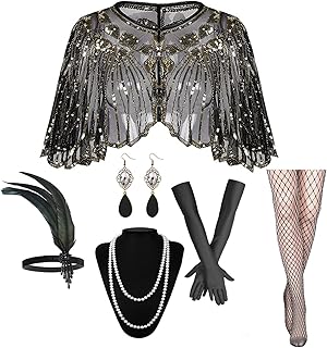 1920s Flapper Accessories Set, Roaring 20s Accessories Women Feather Headpiece Necklace Earrings Long Gloves,Black Gold - Buy now