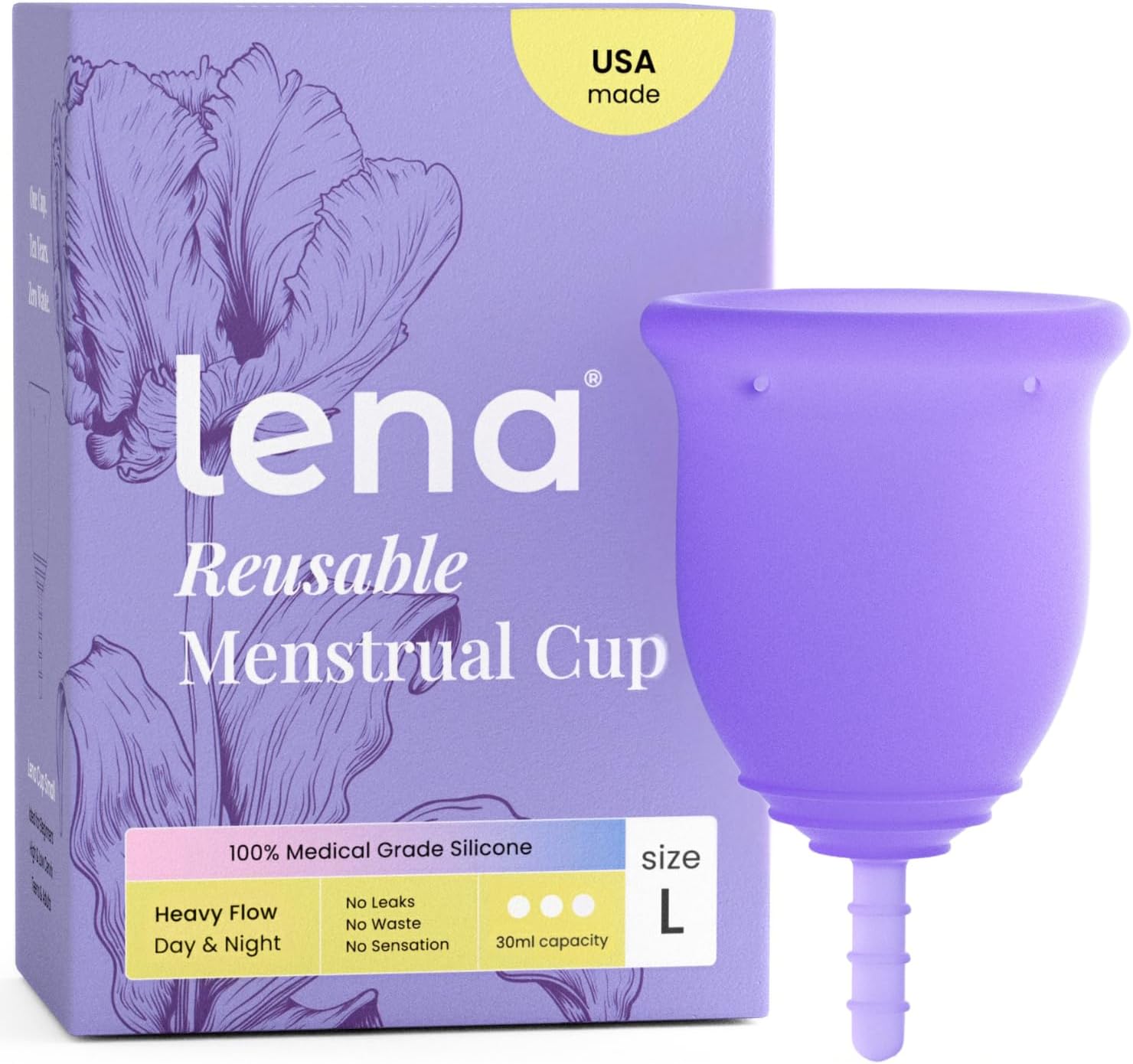 Lena Menstrual Cup Original - Soft Reusable Medical-Grade Silicone Period Cups for Women Heavy Flow, Comfortable 12-Hour Leak-Free Protection, Beginner-Friendly Feminine Care - Large, Purple